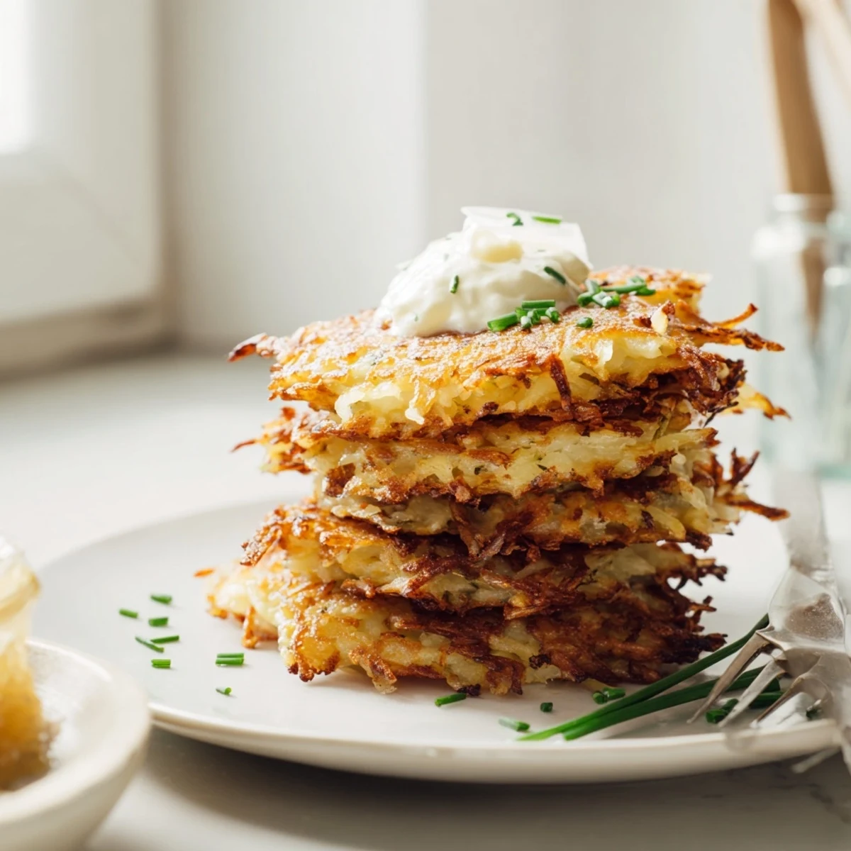 Knusprige deutsche Kartoffelpuffer, außen goldbraun und innen zart, serviert mit Apfelmus.  