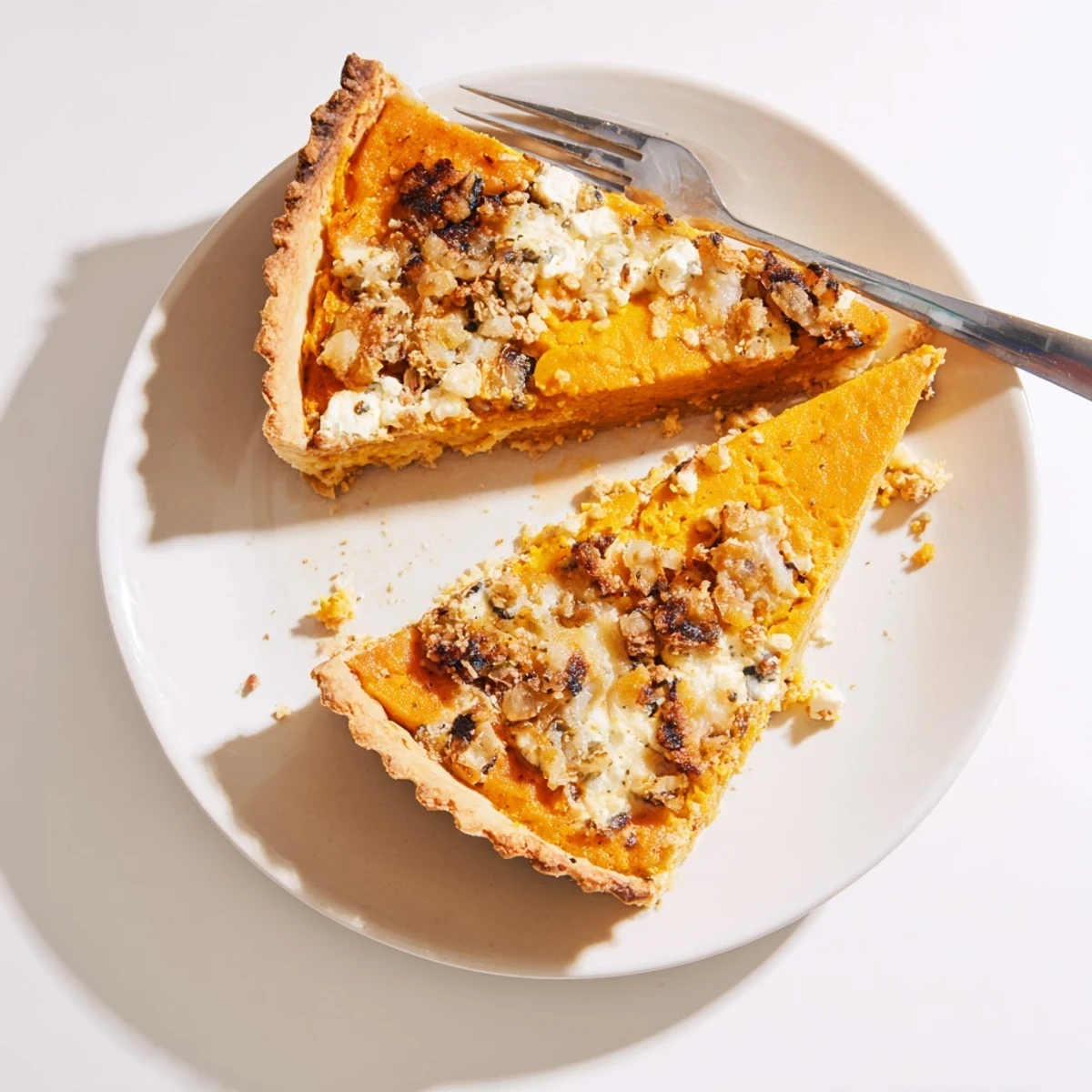 Goldene Savory Pumpkin and Cheese Tart, gefüllt mit cremigem Kürbis und herzhaftem Käse.  