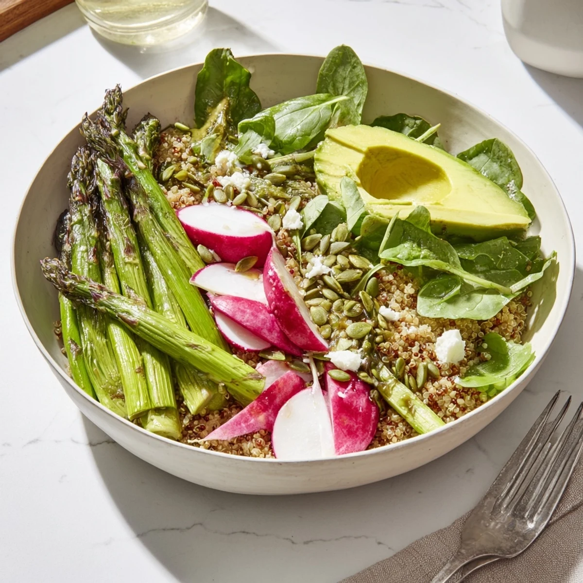 Quinoa-Schüssel mit zarten Spargelstücken und knackigen Radieschen für frisches Aroma.  