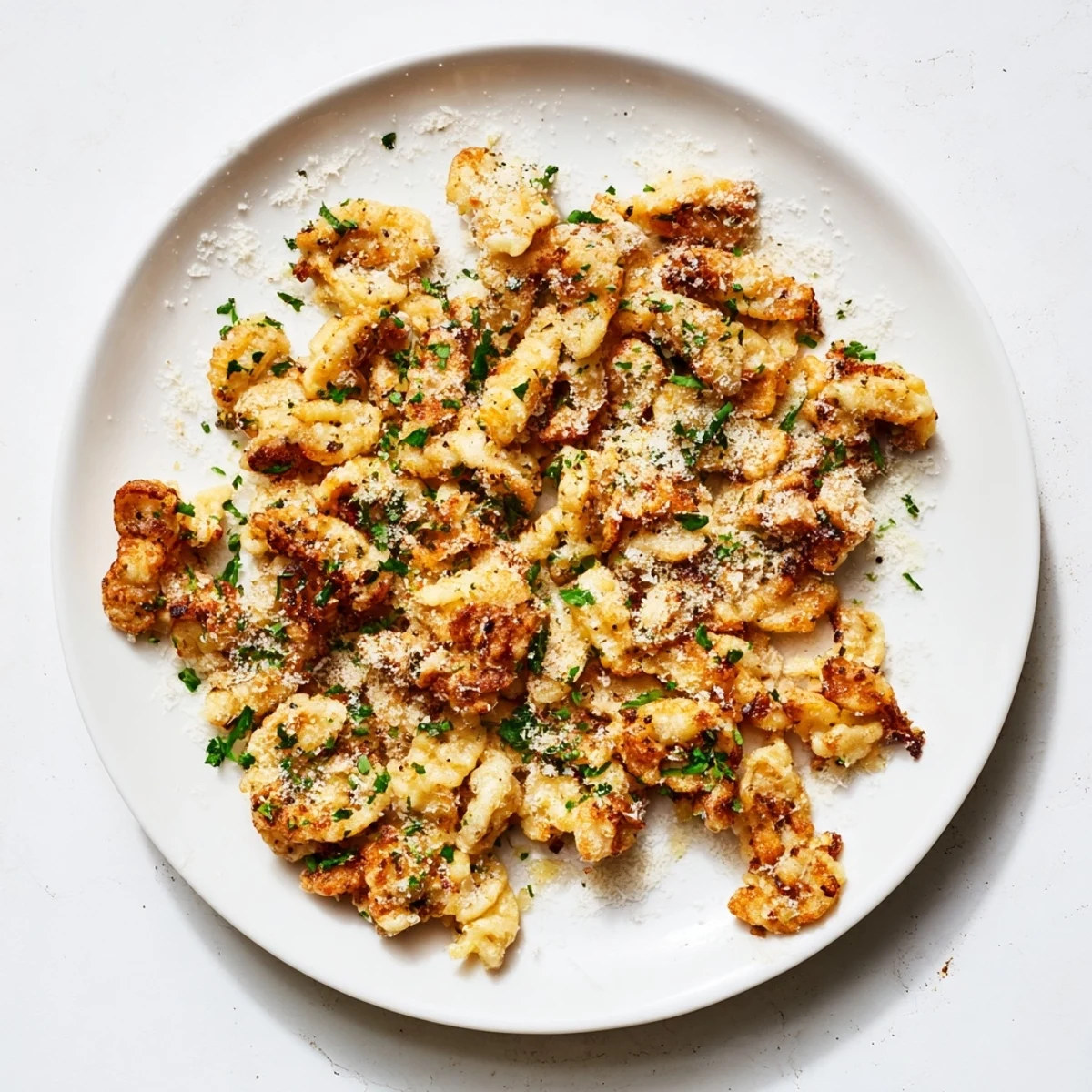 A close-up shot of perfectly golden air fryer German spätzle, sprinkled with Parmesan cheese.