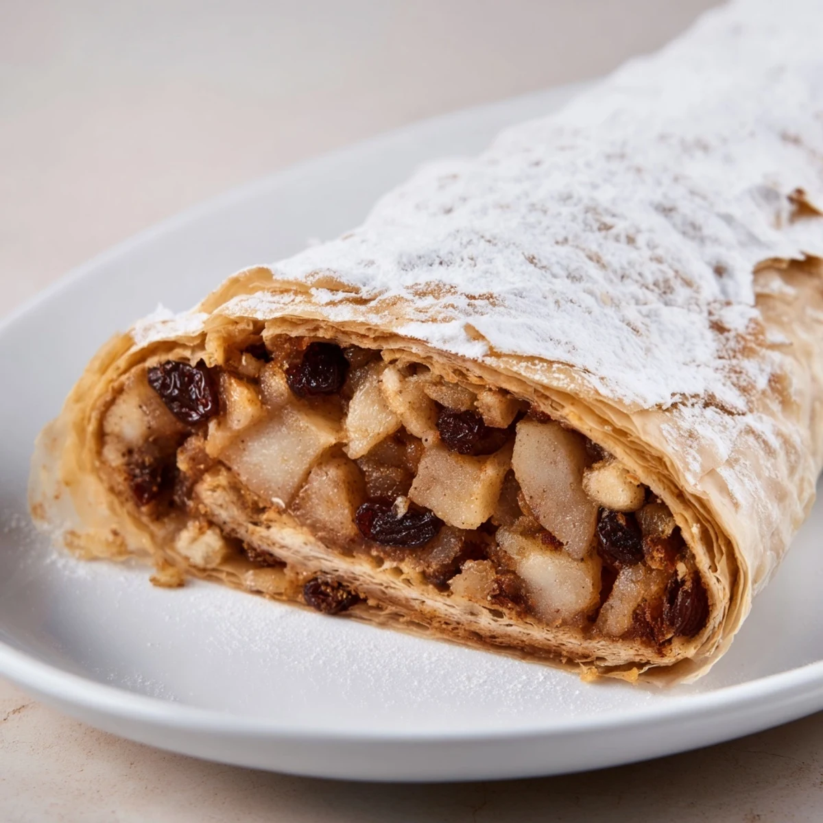 Close-up of crispy, flaky Oven-Baked Apple Strudel Rolls, oozing a sweet, spiced apple filling, perfect for dessert.