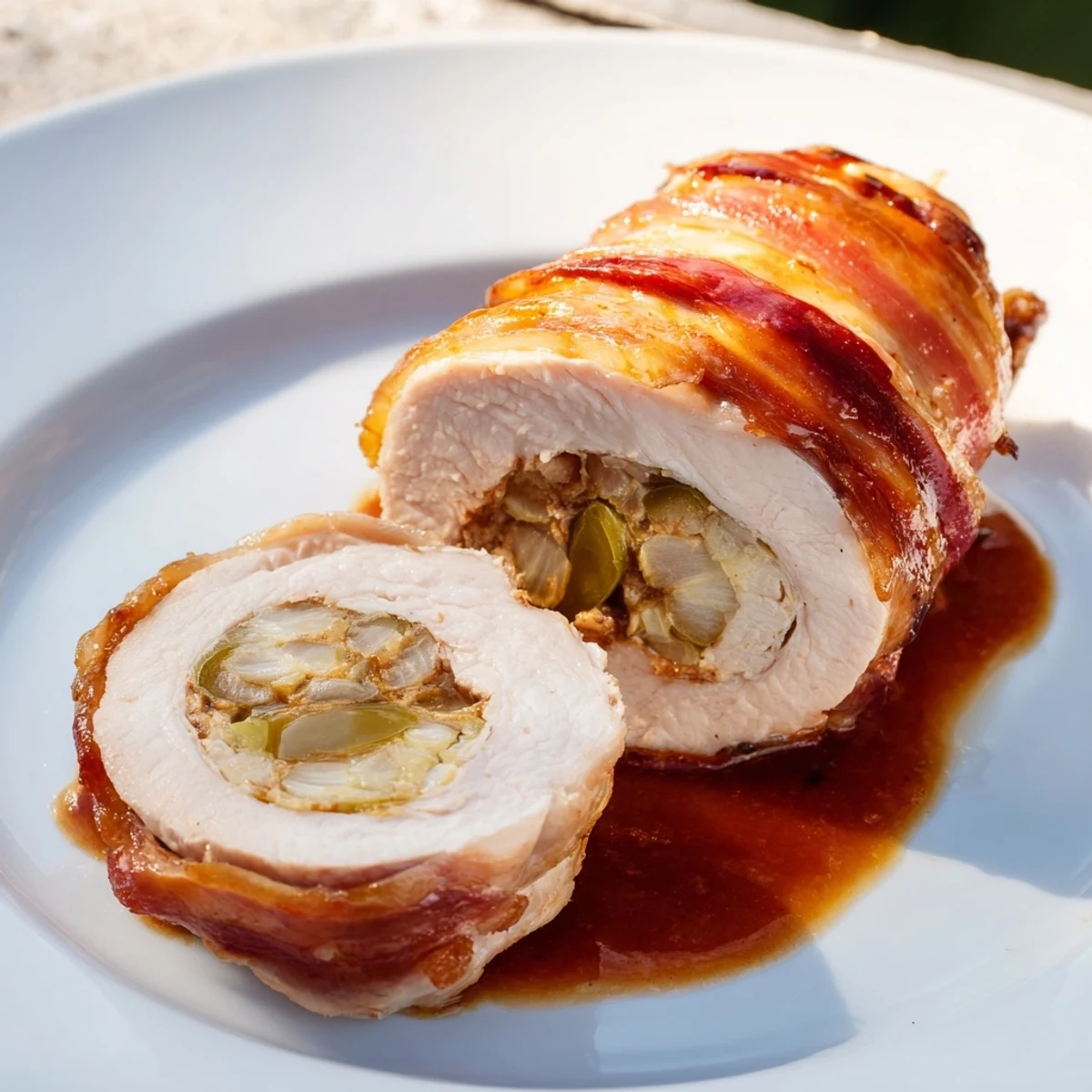 Quick Chicken Rouladen Rolls, ready to eat, showing juicy chicken rolls with bacon and pickle filling.