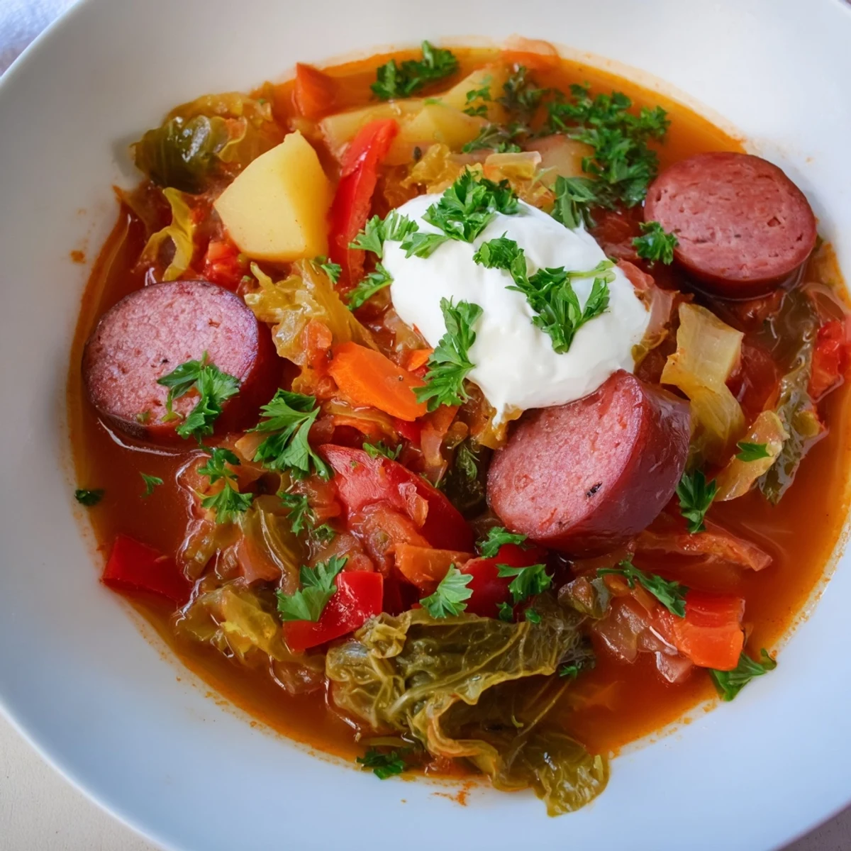 Tender sausage and cabbage stew bubbling in a Dutch oven, perfect for a cozy dinner.