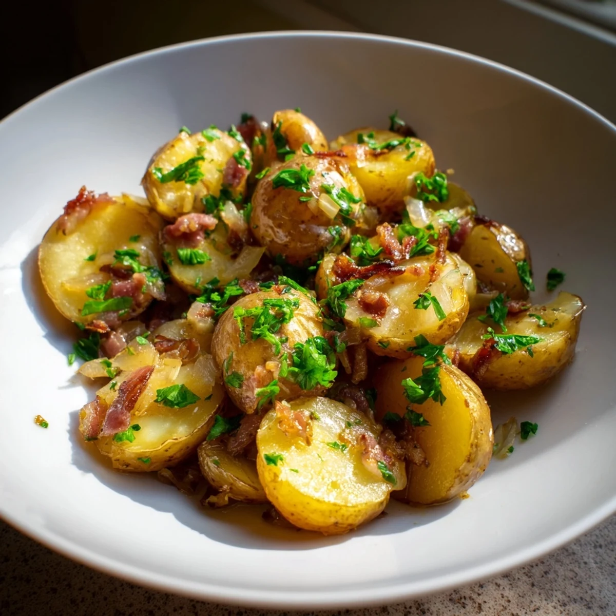 Golden-brown Simple Fried Potatoes with Onions & Bacon, sizzling in a skillet, ready to eat.