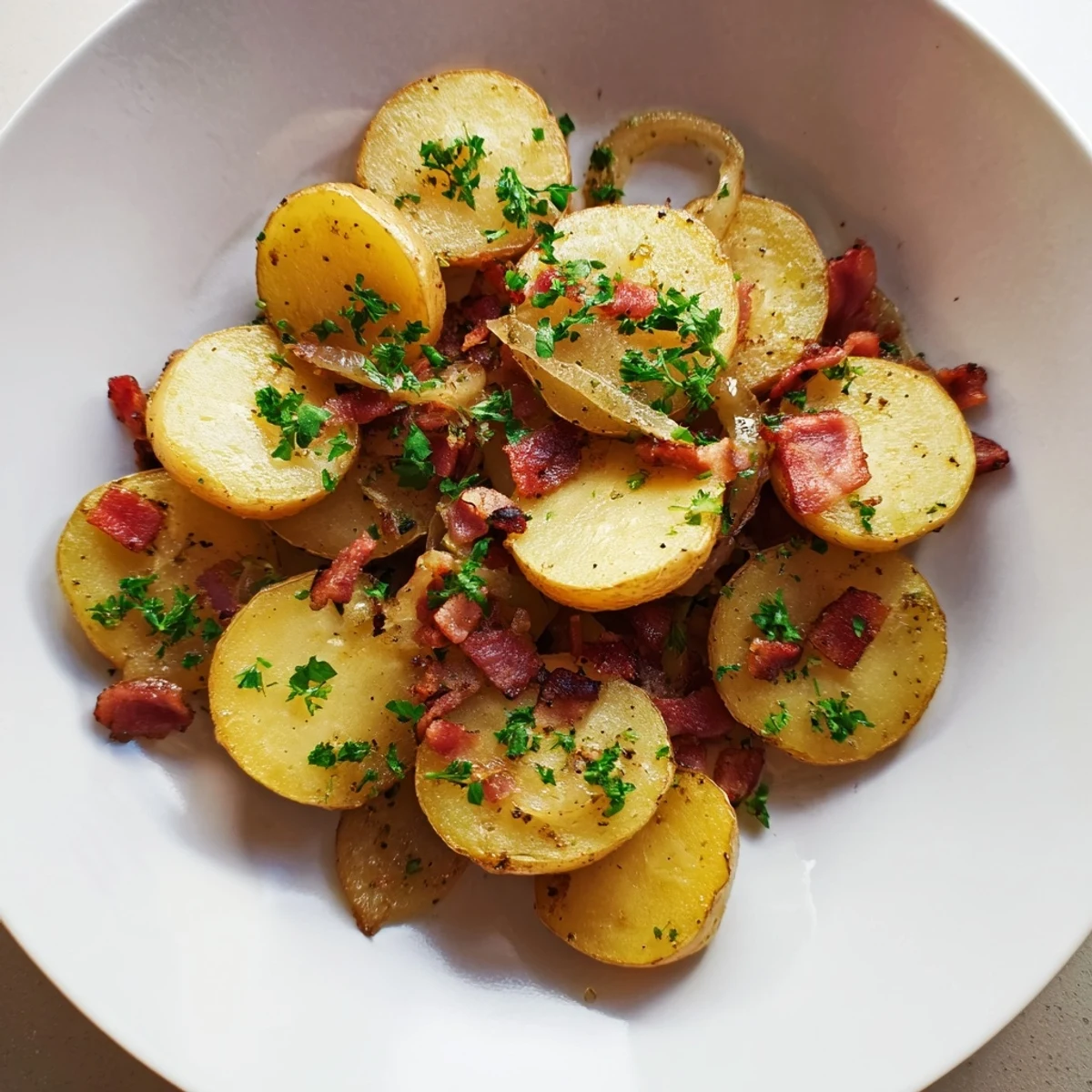 Close-up of crispy Simple Fried Potatoes with Onions & Bacon, featuring savory bacon and tender onions.
