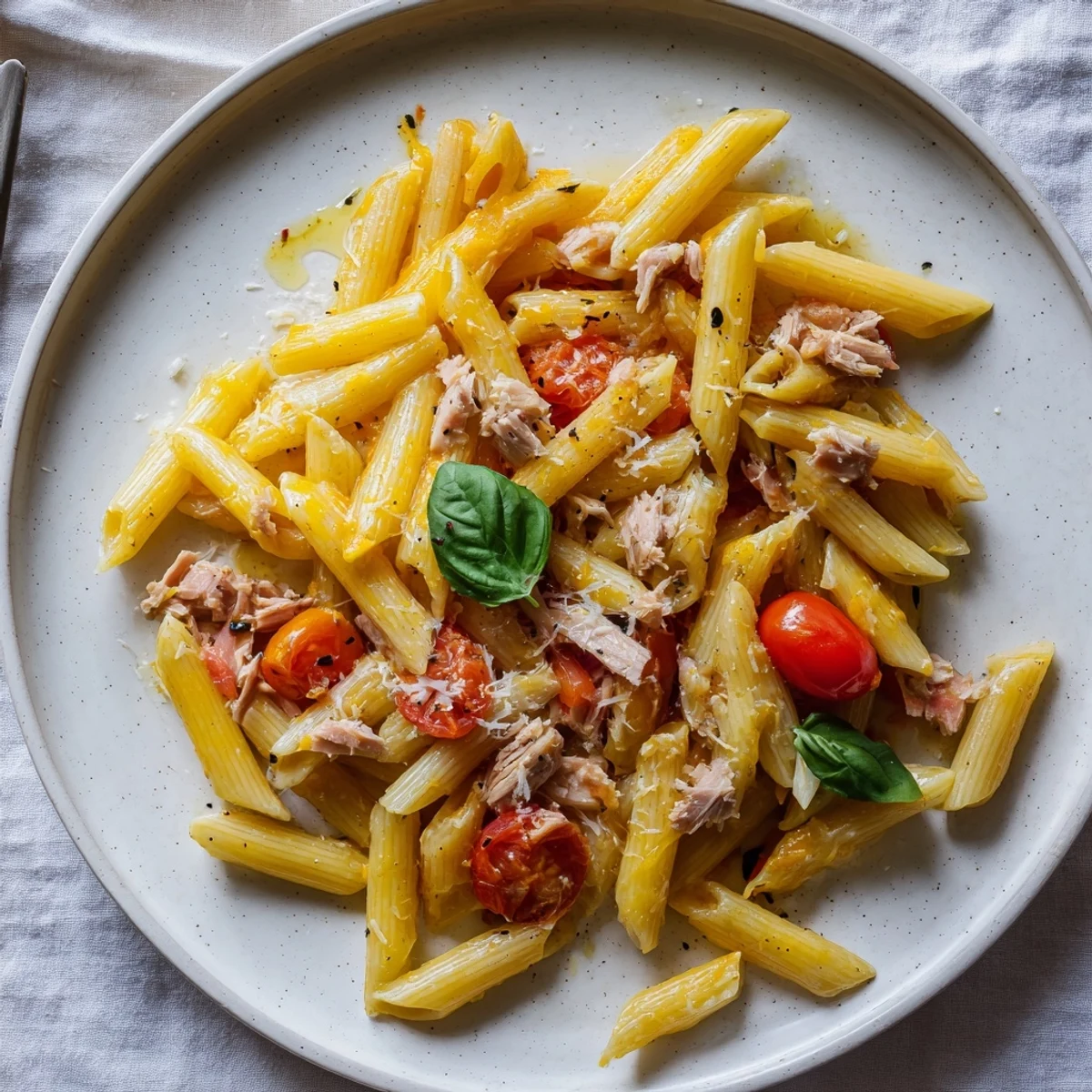 Golden-brown Blitz Pasta with Tomatoes & Tuna, ready to serve with fresh basil and Parmesan.