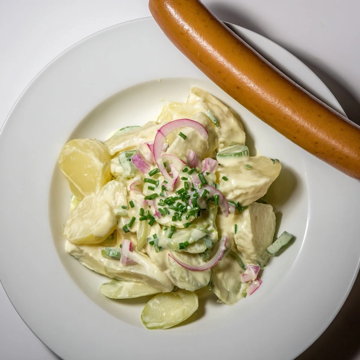 Creamy German Potato Salad with Sausages, garnished with fresh chives, ready to serve.