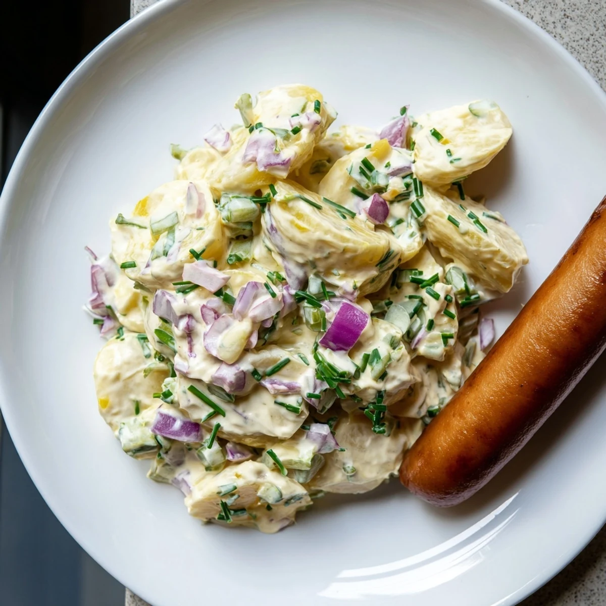 A hearty bowl of German Potato Salad with Sausages, featuring tender potatoes and flavorful sausages.