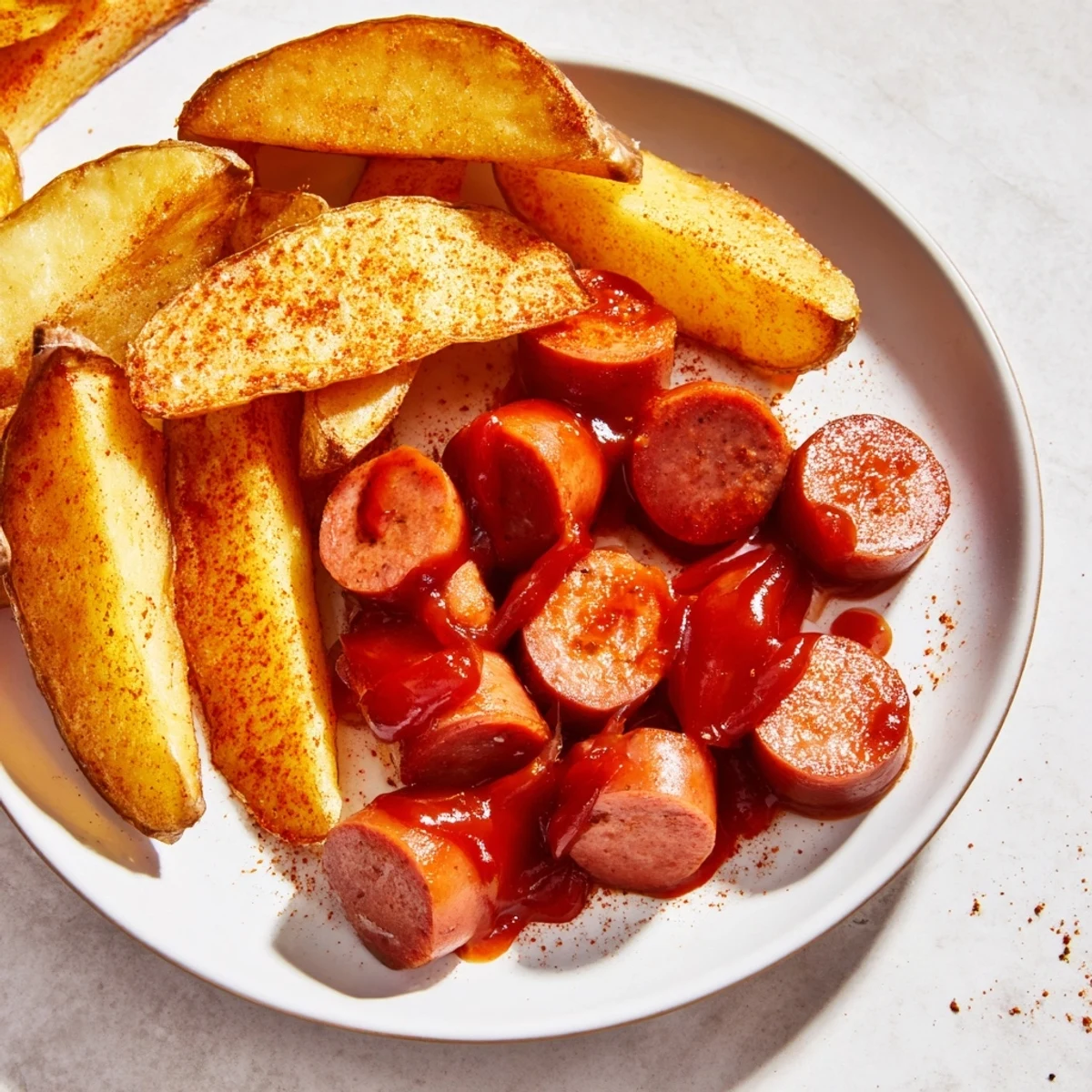 A plate overflowing with fresh Currywurst, covered in flavorful curry ketchup with crispy golden fries.