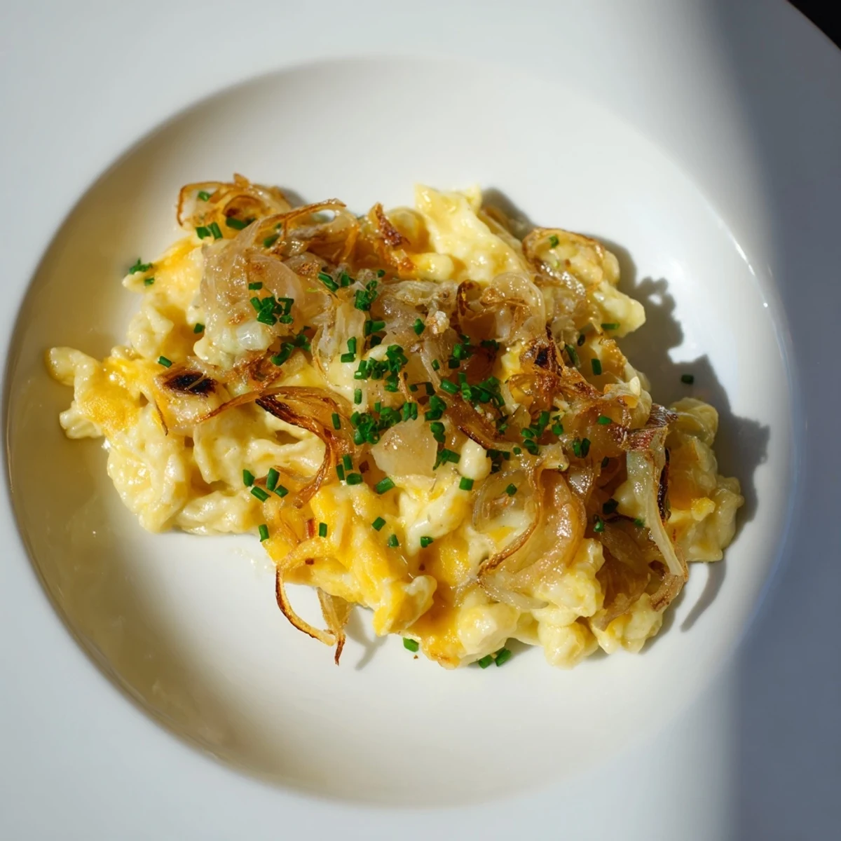 Close-up of a hot Käsespätzle, rich with melted cheese and served with fresh herbs.