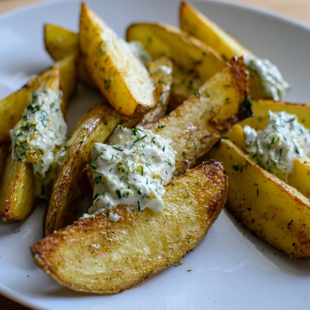 Crispy oven-baked potatoes, glistening and golden, served with a creamy herb quark for dipping.