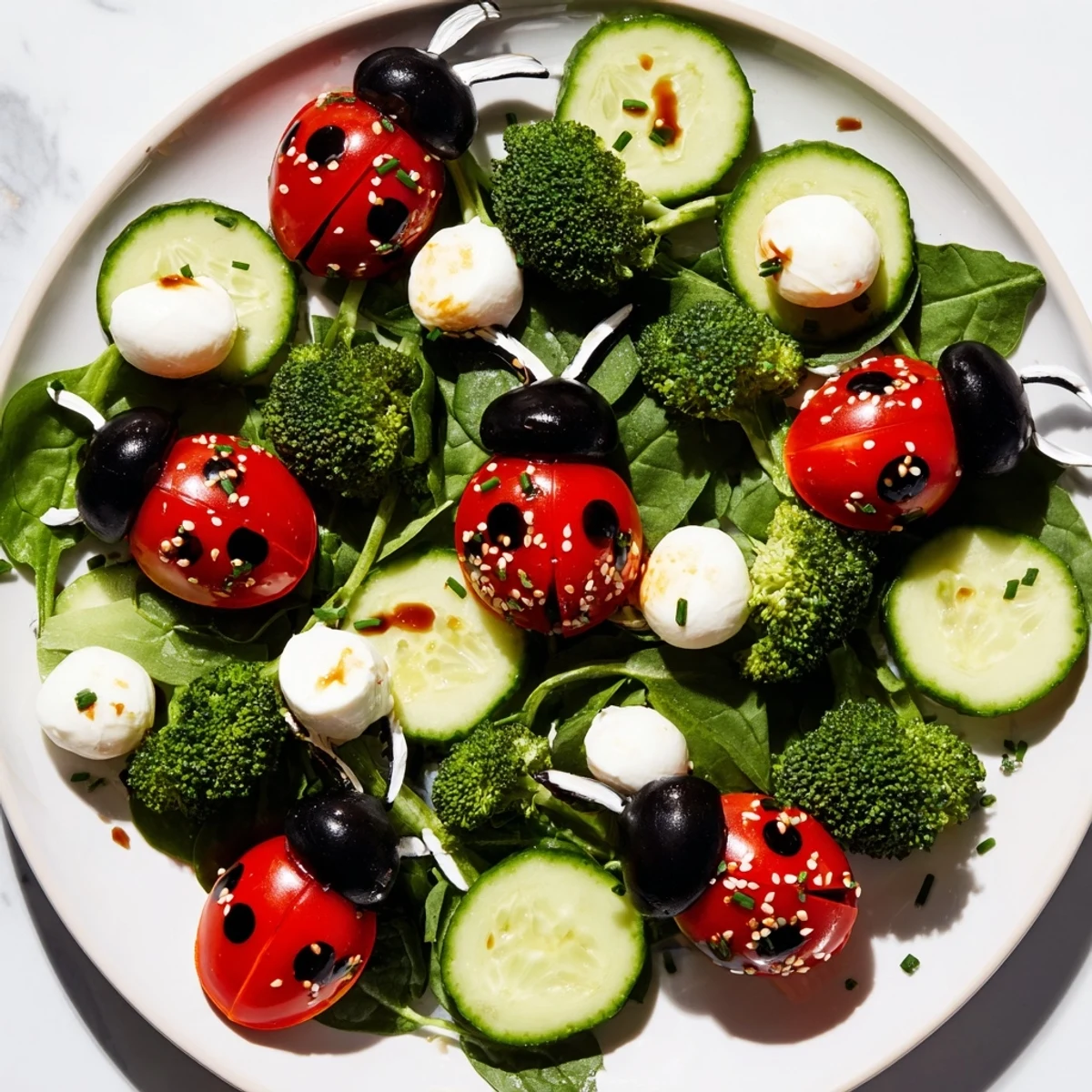 Colorful Ladybug Garden Platter appetizer: fresh veggies and mozzarella arranged for a whimsical presentation.