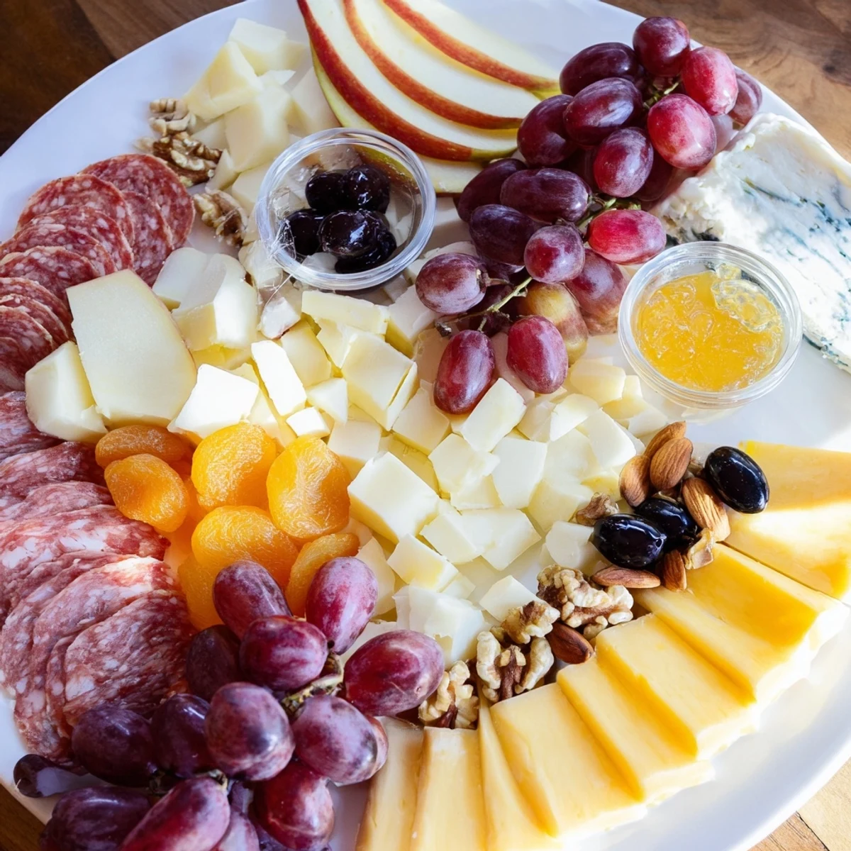 Delectable Moonlight Picnic Board with ripe pears, grapes, and a selection of gourmet cheeses, beautifully arranged.
