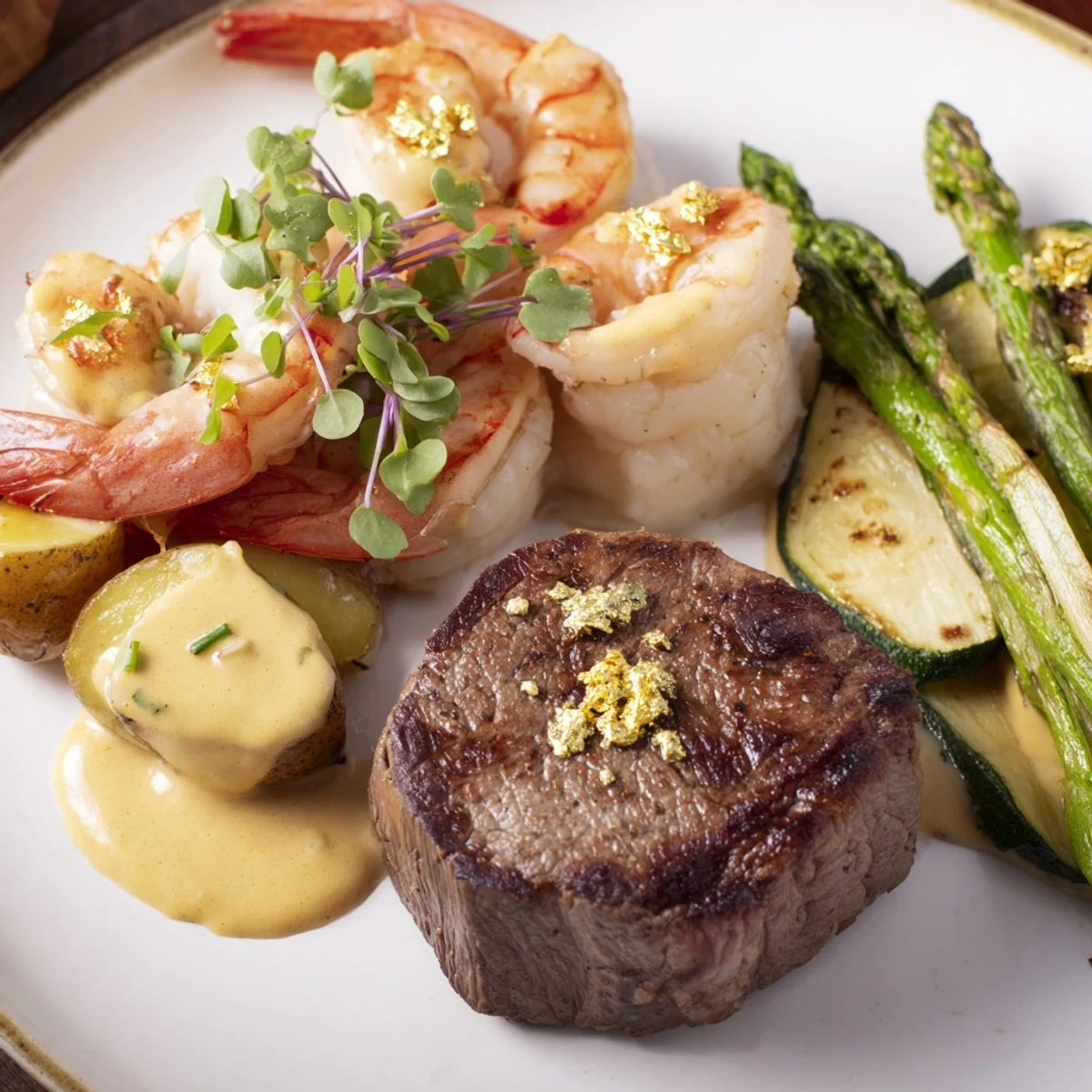 Golden Heart Luxury Platter arrangement features seared filet mignon, scallops, and shrimp, glistening on the platter.
