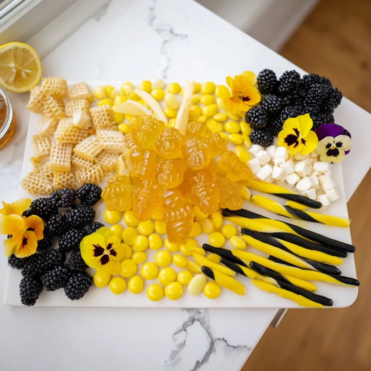 Delicious, bright Bumblebee Candy Board featuring gummies, licorice, and fresh berries.