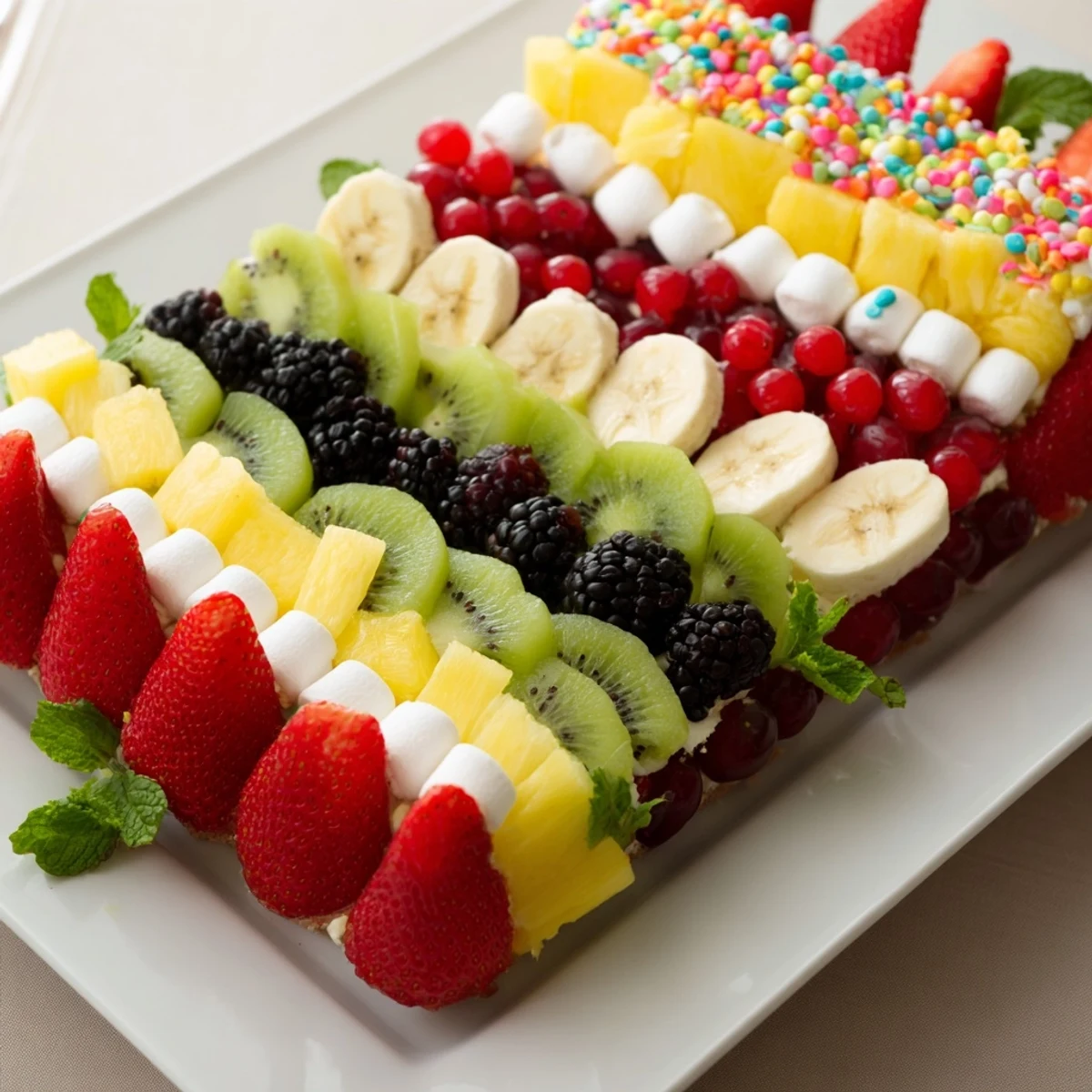 Festive Happy Birthday Cake Slice Fruit Board with vibrant berries, ready for a party.