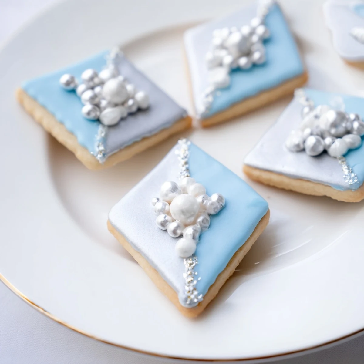 Elegant Engagement Ring Diamond Dessert Tray: detailed close-up of iced diamond cookies, ready to serve.