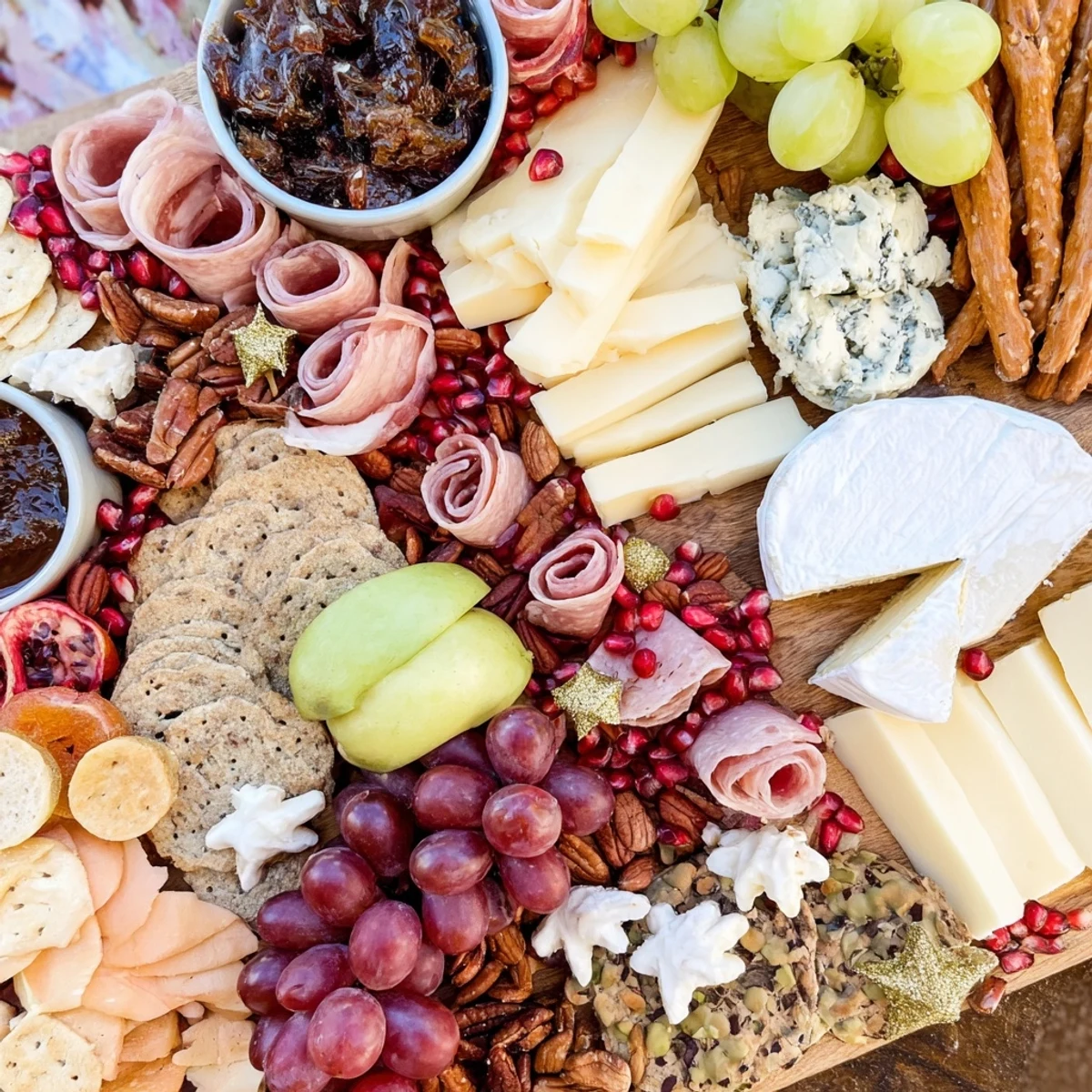 Shining Bright Christmas 2025 Board: A luscious grazing board displays cheeses, charcuterie, fruits, and treats for festive sharing.