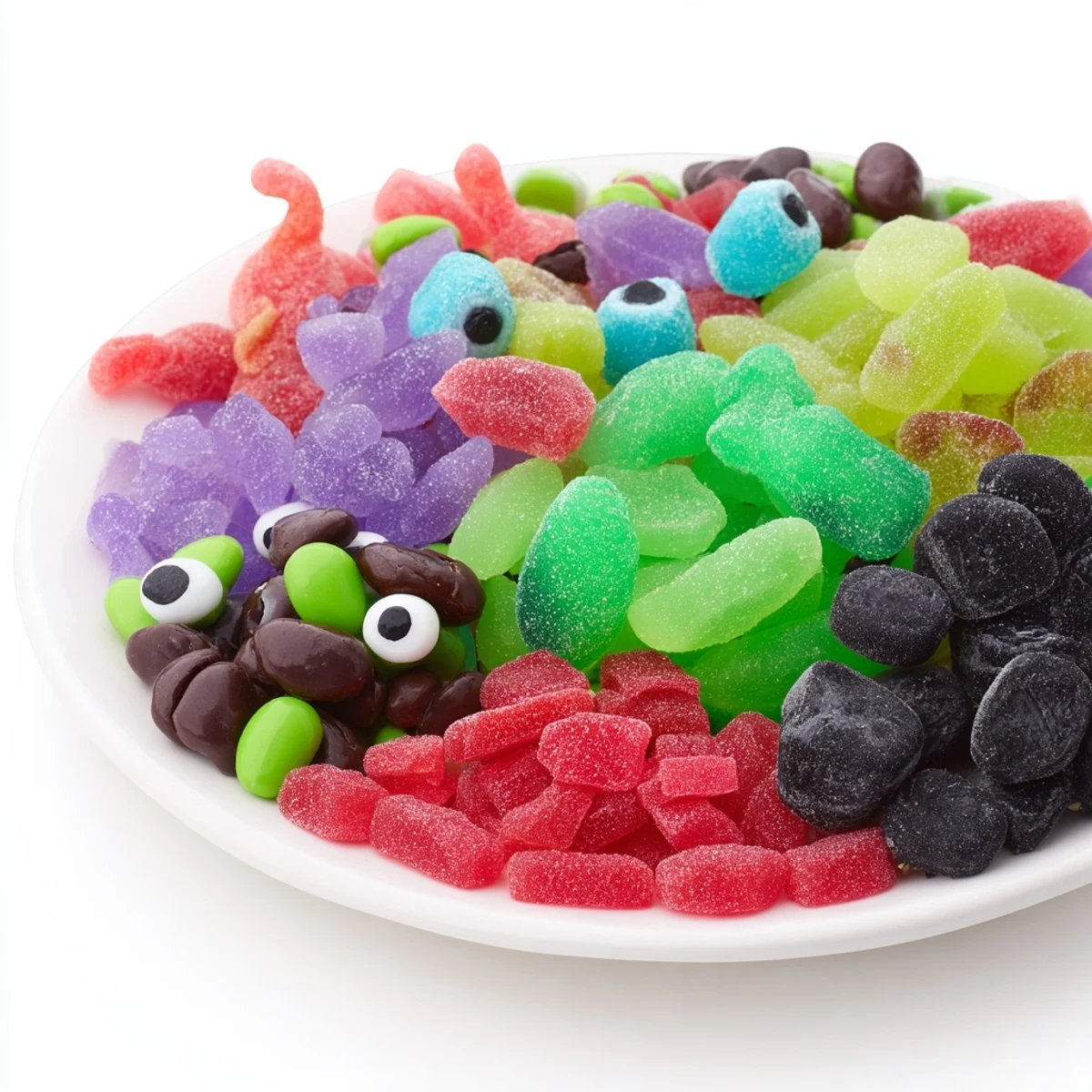 Festliche Poison Apple Candy Platter: Eine lebhafte Auswahl an grünen und lilafarbenen Süßigkeiten.