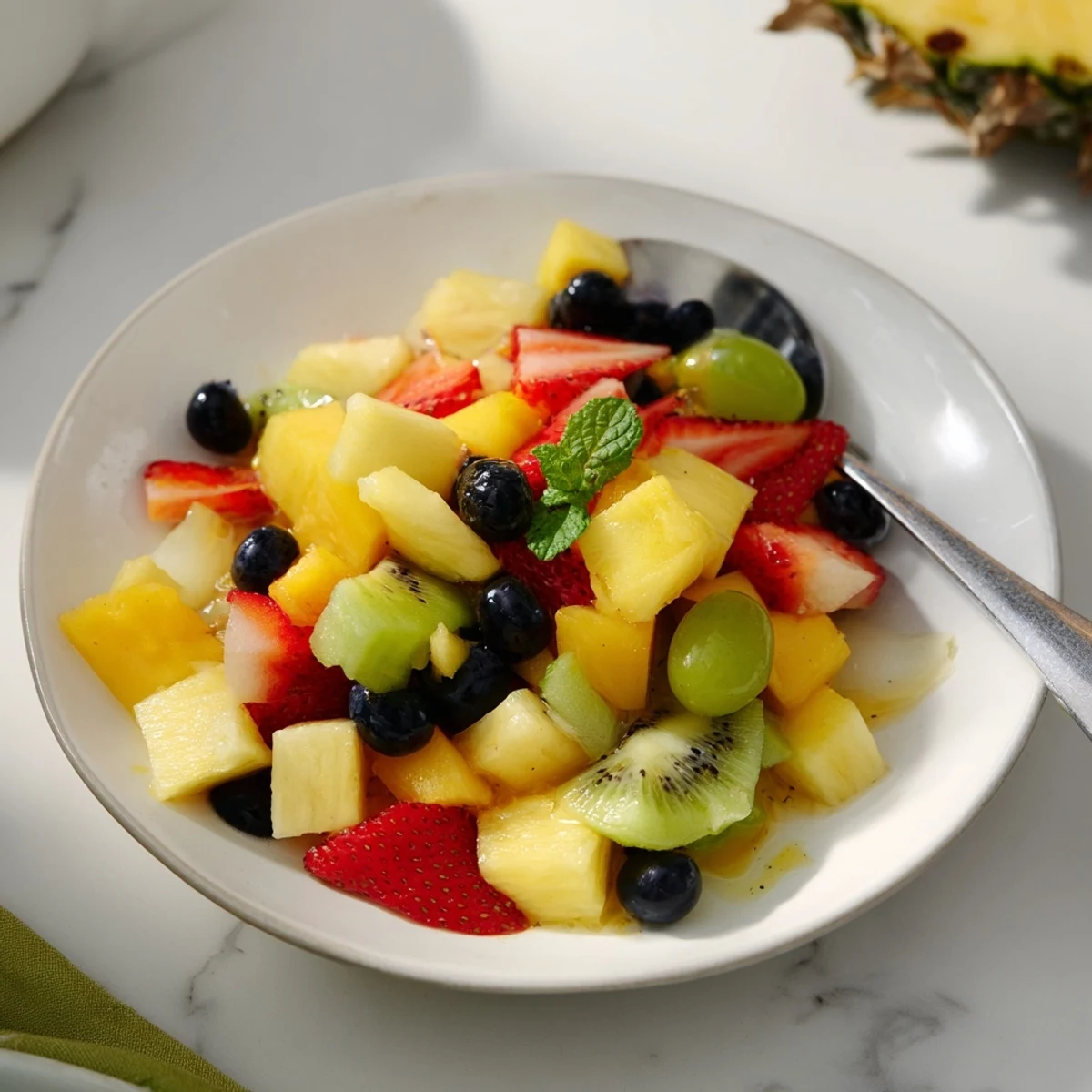 A beautiful close-up of a refreshing Tropical Pineapple Fruit Boat, perfect for a summer dessert.