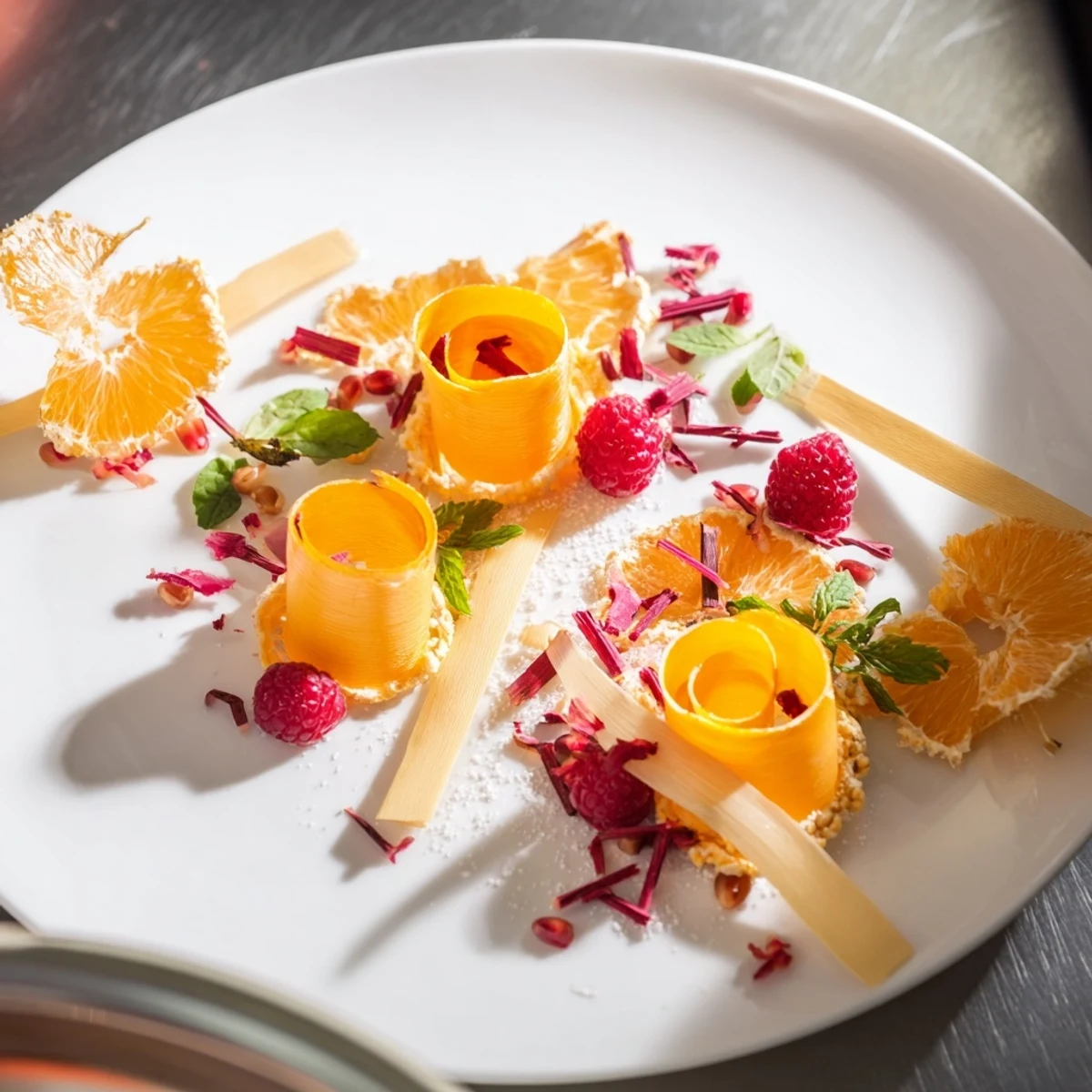 Baisers de Minuit: A festive arrangement including sugared orange slices and glistening edible glitter.