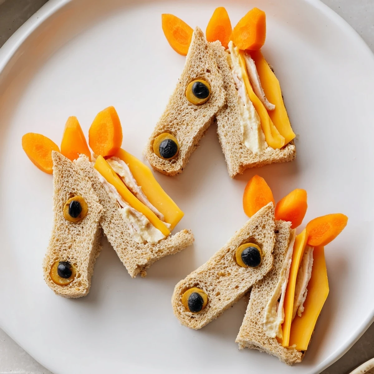 Horse Head Sandwich cutouts arranged on a plate, ready for a fun kids' lunch, with carrot mane.