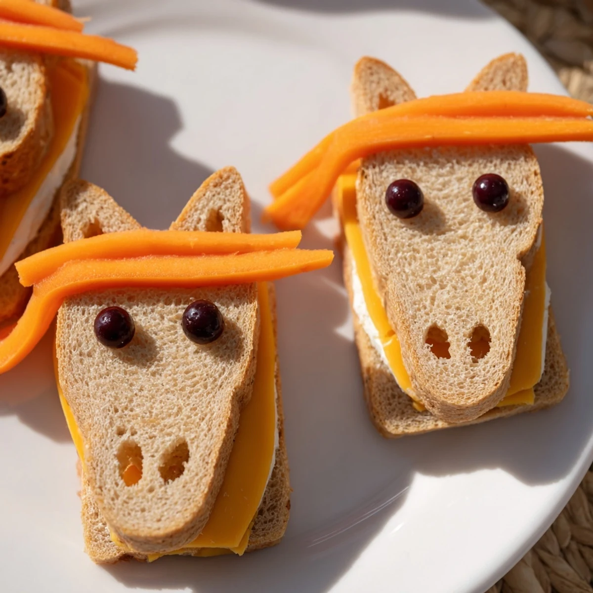 A close-up of the delicious Horse Head Sandwich cutouts, showing clever olive and carrot details.