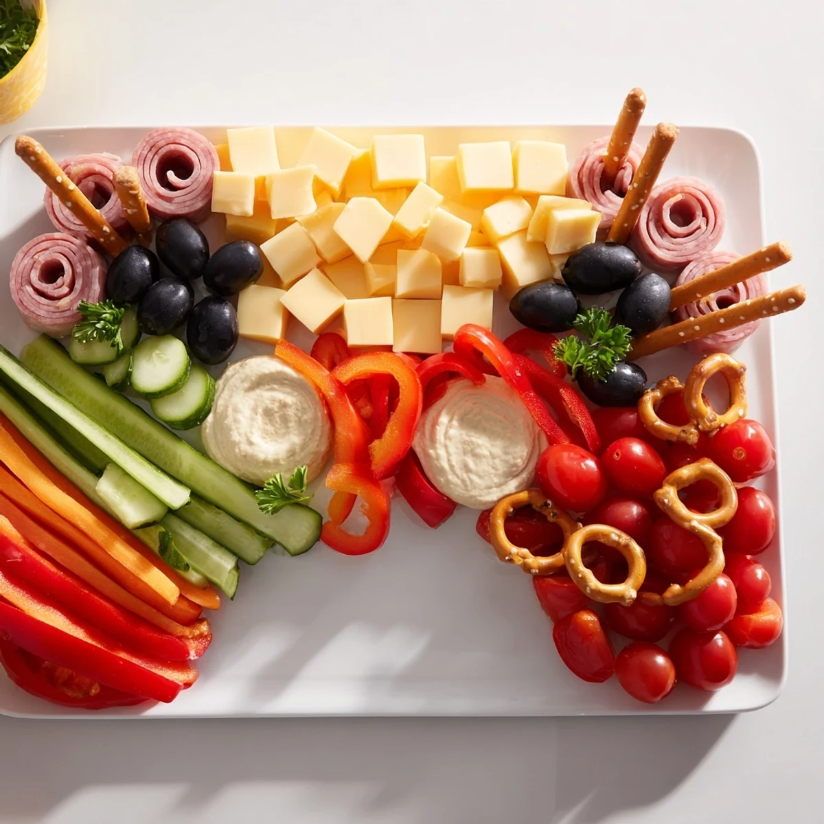 Enjoy a delicious Game Night: Controller Shaped Snack Platter with fresh cheeses, dips, and appealing garnishes.