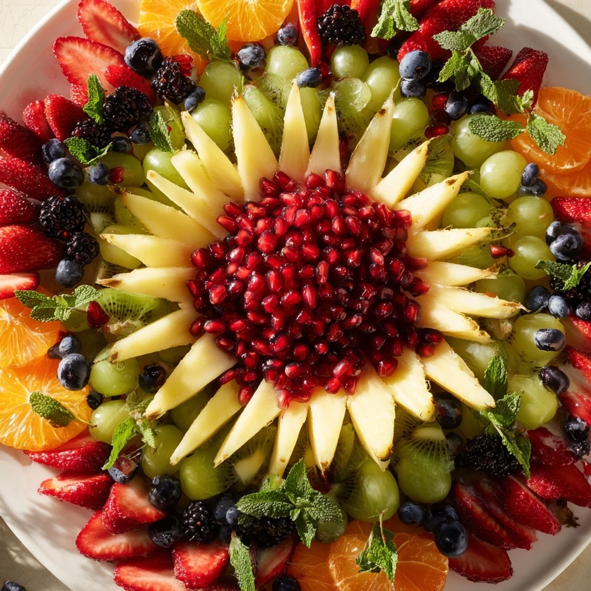 Vibrant Pomegranate Starburst Platter with sweet grapes, pineapple, and other fresh fruits, ready to serve.
