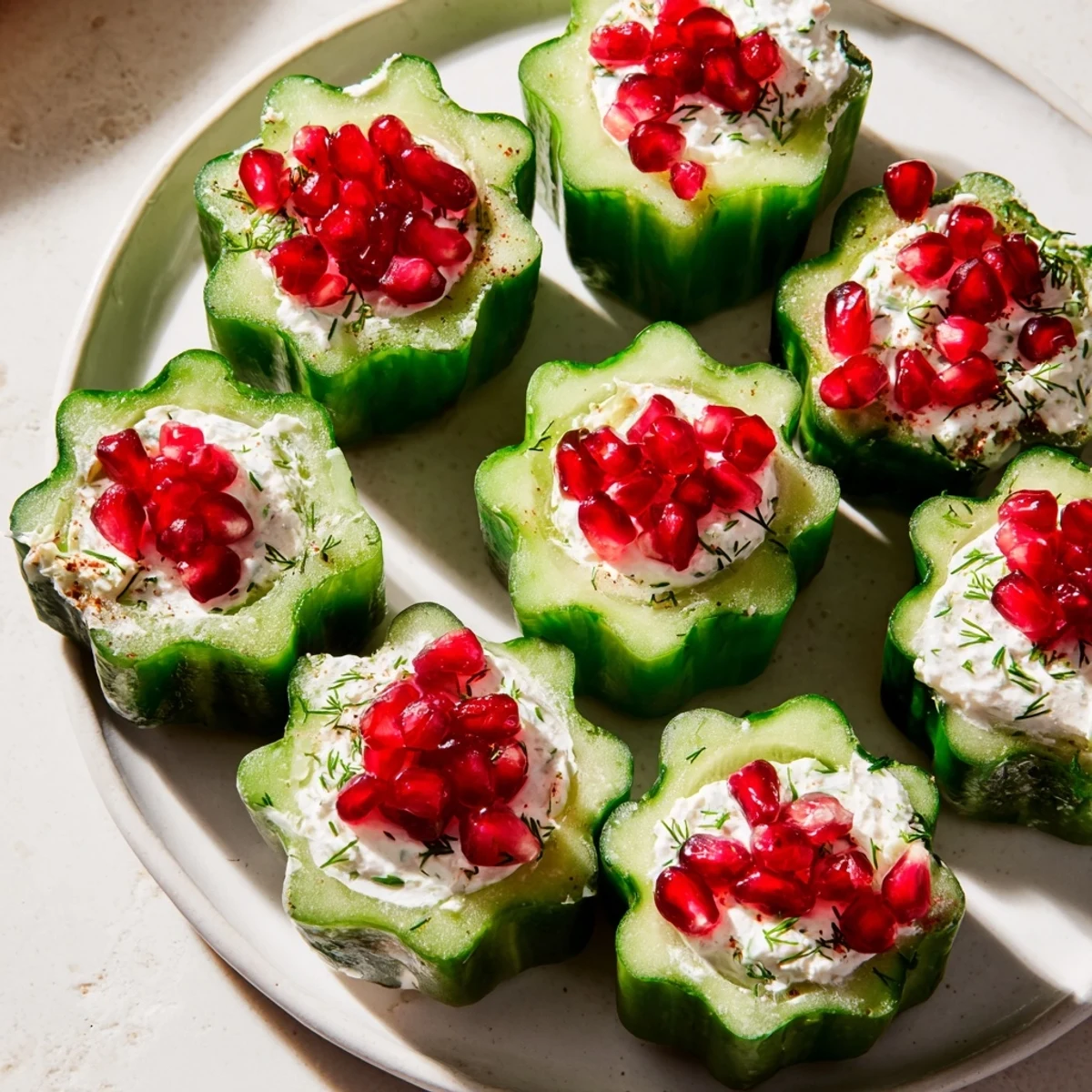 Crisp winter salad featuring snowflake-shaped cucumber cups filled with a savory cream cheese blend.