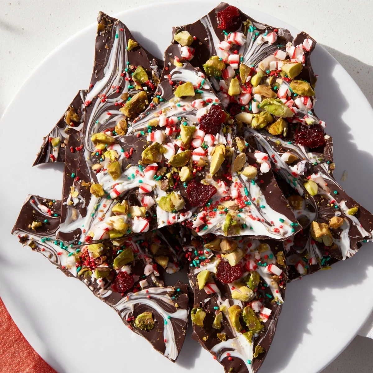Close-up of vibrant Holiday Bark Shards, inviting you to enjoy this easy and festive treat.