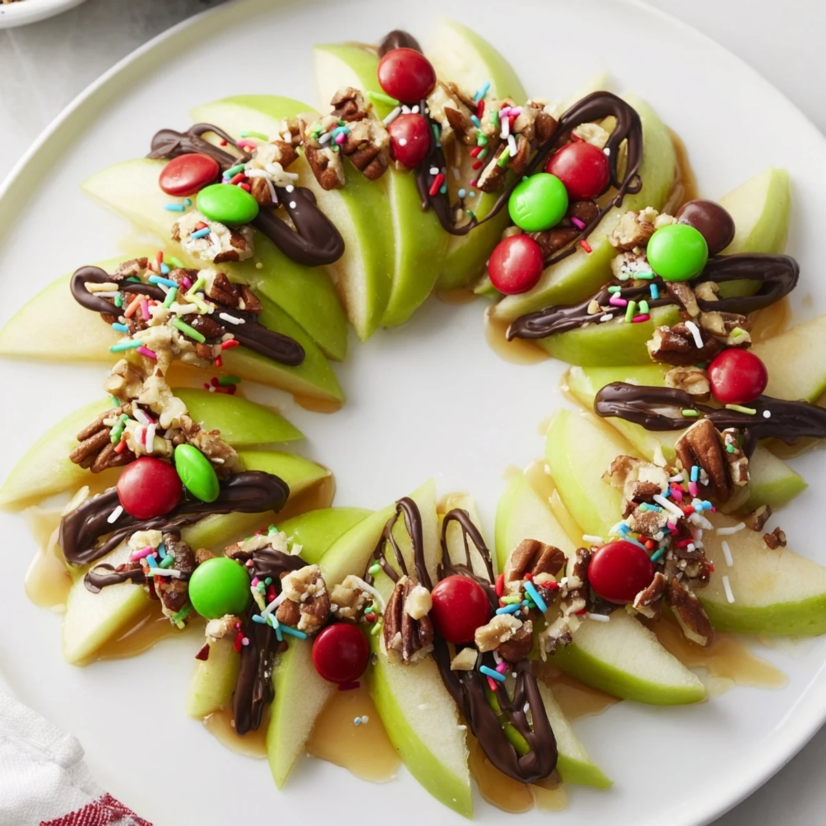 Close-up of a colorful Caramel Apple Slice Christmas Wreath, adorned with festive holiday sprinkles and nuts.