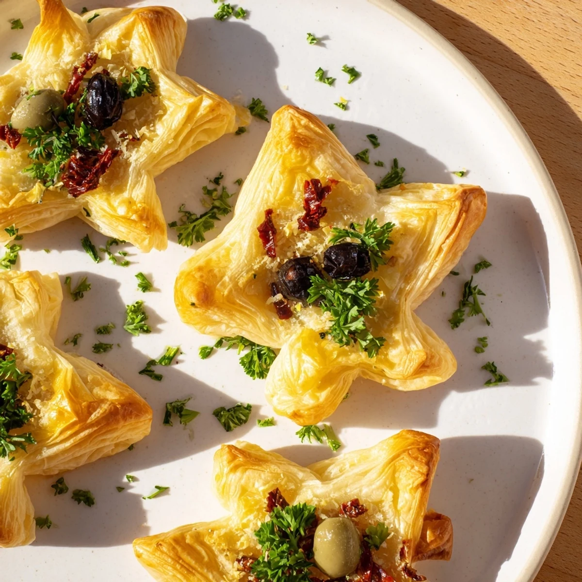 Flaky golden Olive and Sundried Tomato Star Garland, a delightful appetizer ready to be enjoyed.