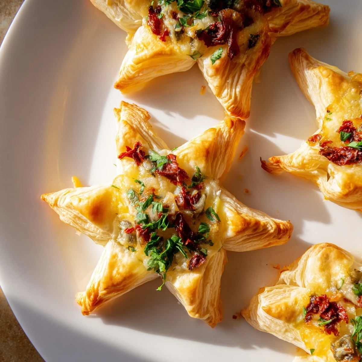 Close-up of baked Olive and Sundried Tomato Star Garland, showing the savory, savory toppings.