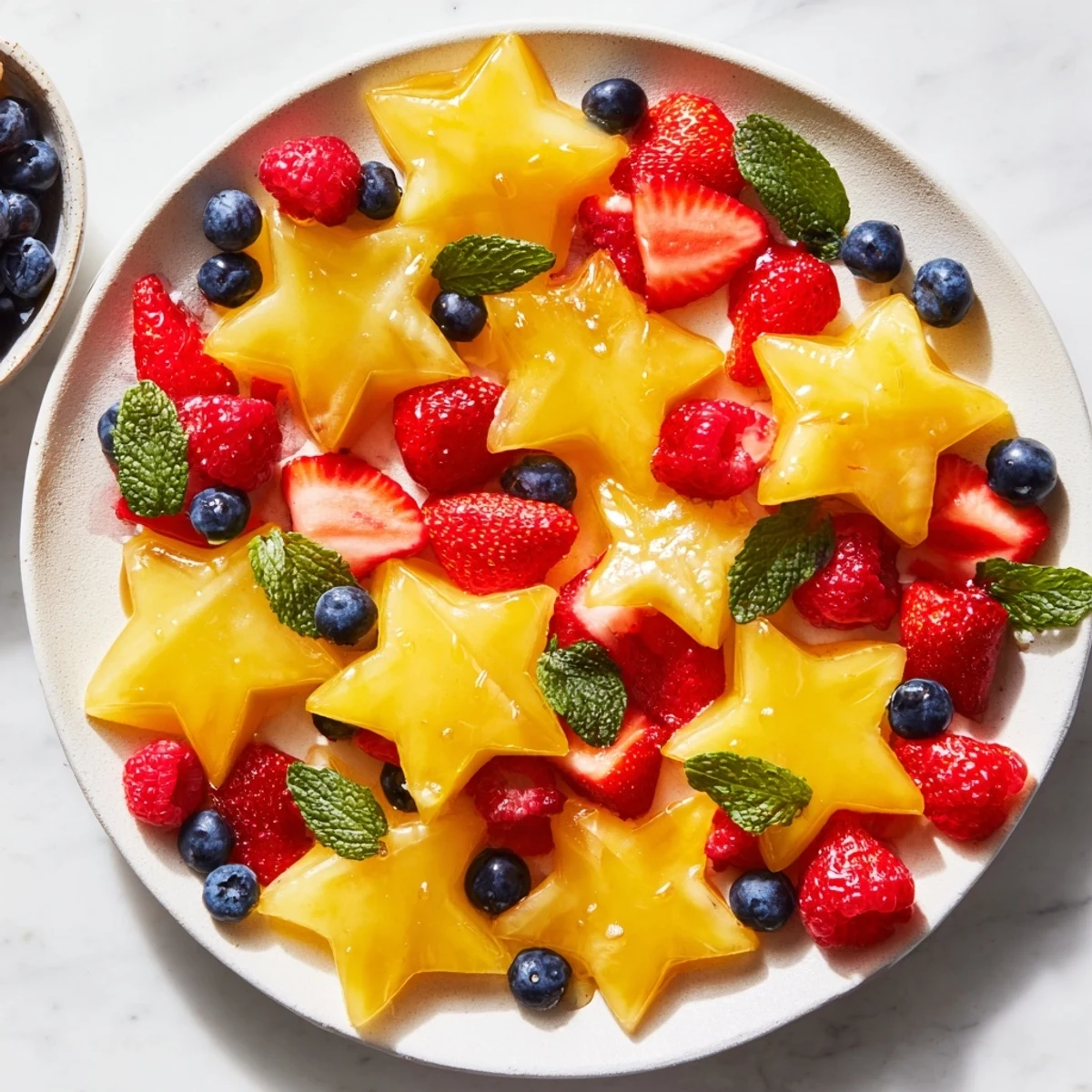 This vibrant starfruit and berry platter, with its juicy berries, is a delightful, ready-to-eat visual treat.