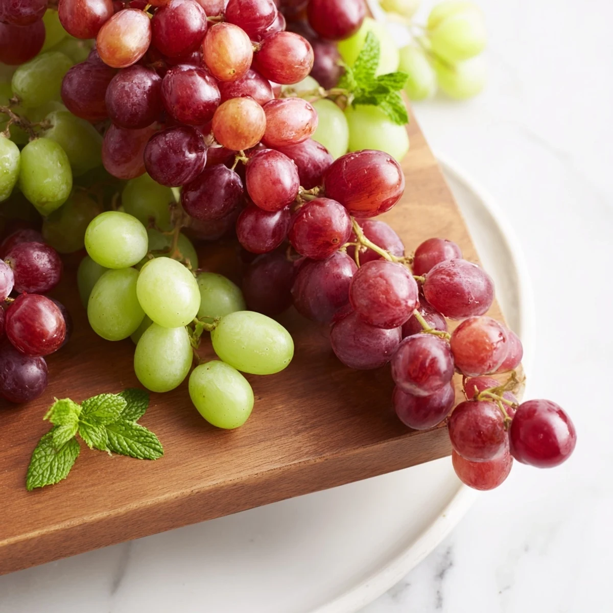 Juicy red and green grapes cascade from a wooden board, ready for a refreshing appetizer or snack.