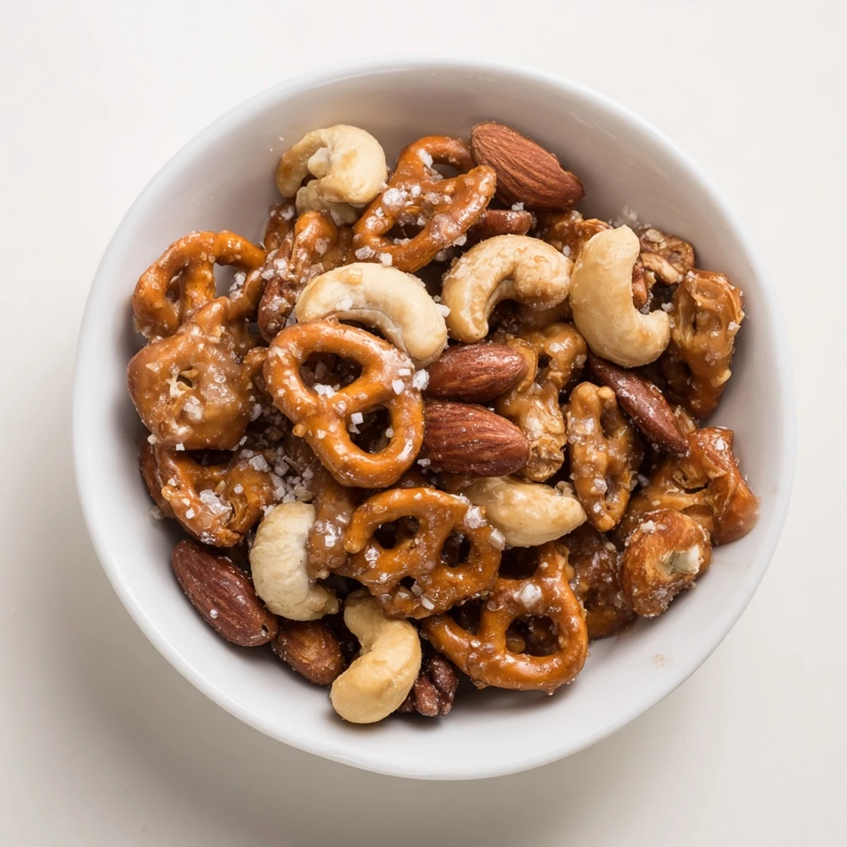Close-up of crunchy salted caramel coated pretzels and nuts, scattered for party snacking.