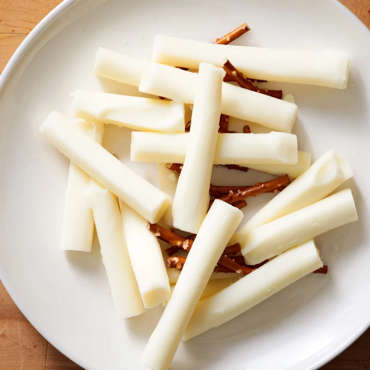 Creamy string cheese and crunchy pretzel rods form a fun kid-friendly snack.