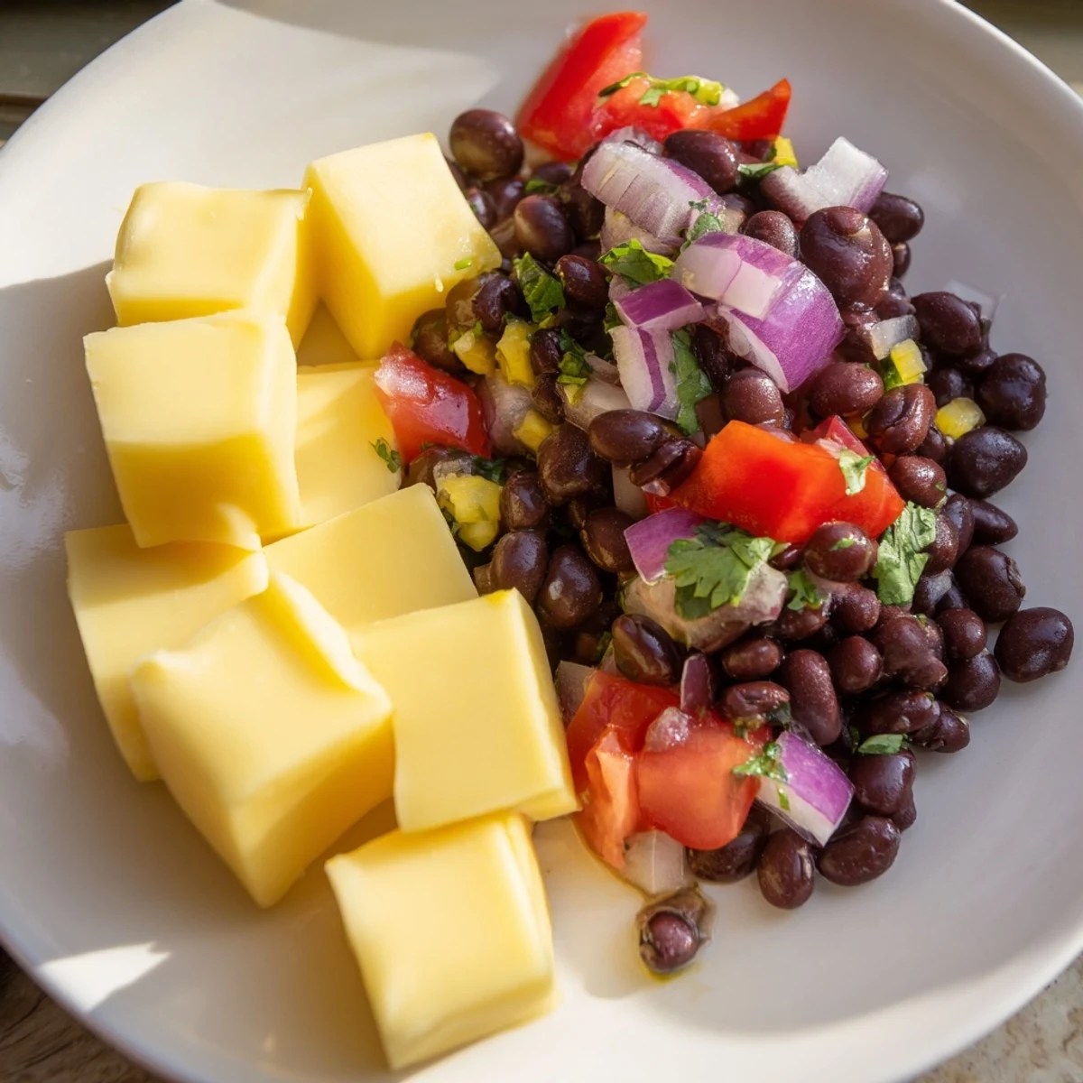 Close-up of Spicy Pepper Jack cheese and black bean salsa, ready to be enjoyed as flavorful savory bites.