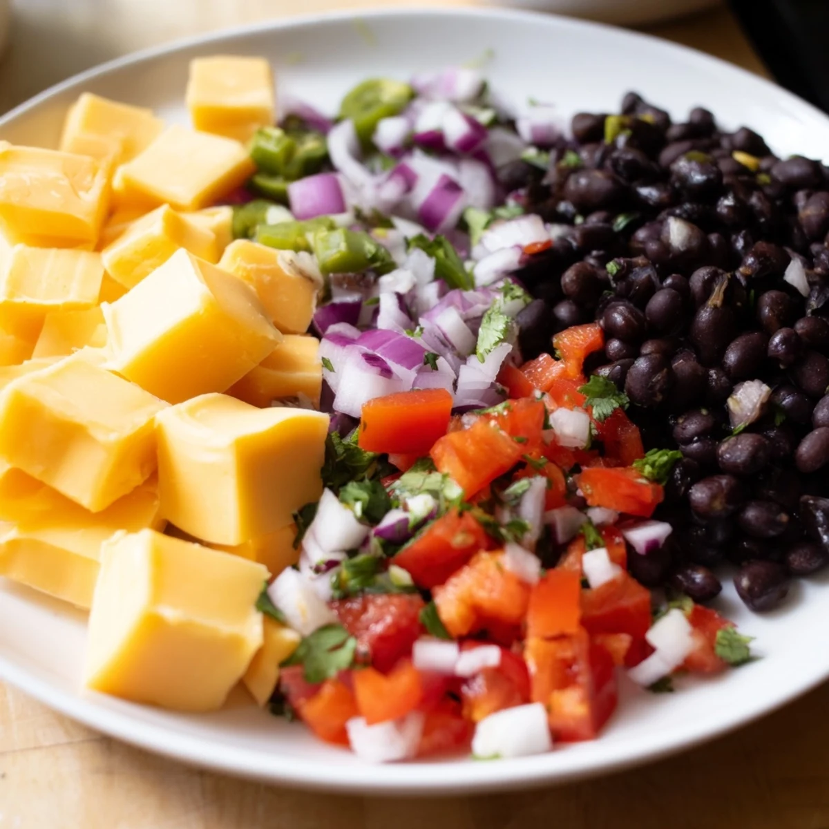 Colorful platter of savory bites: Pepper Jack cheese and cooling black bean salsa, ideal for sharing.