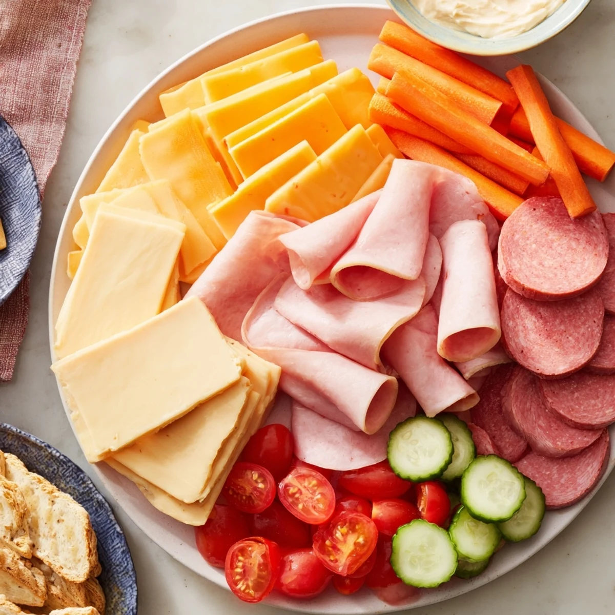 A vibrant budget-friendly family spread with sliced meats, cheeses, and colorful fresh veggies, ready to share.
