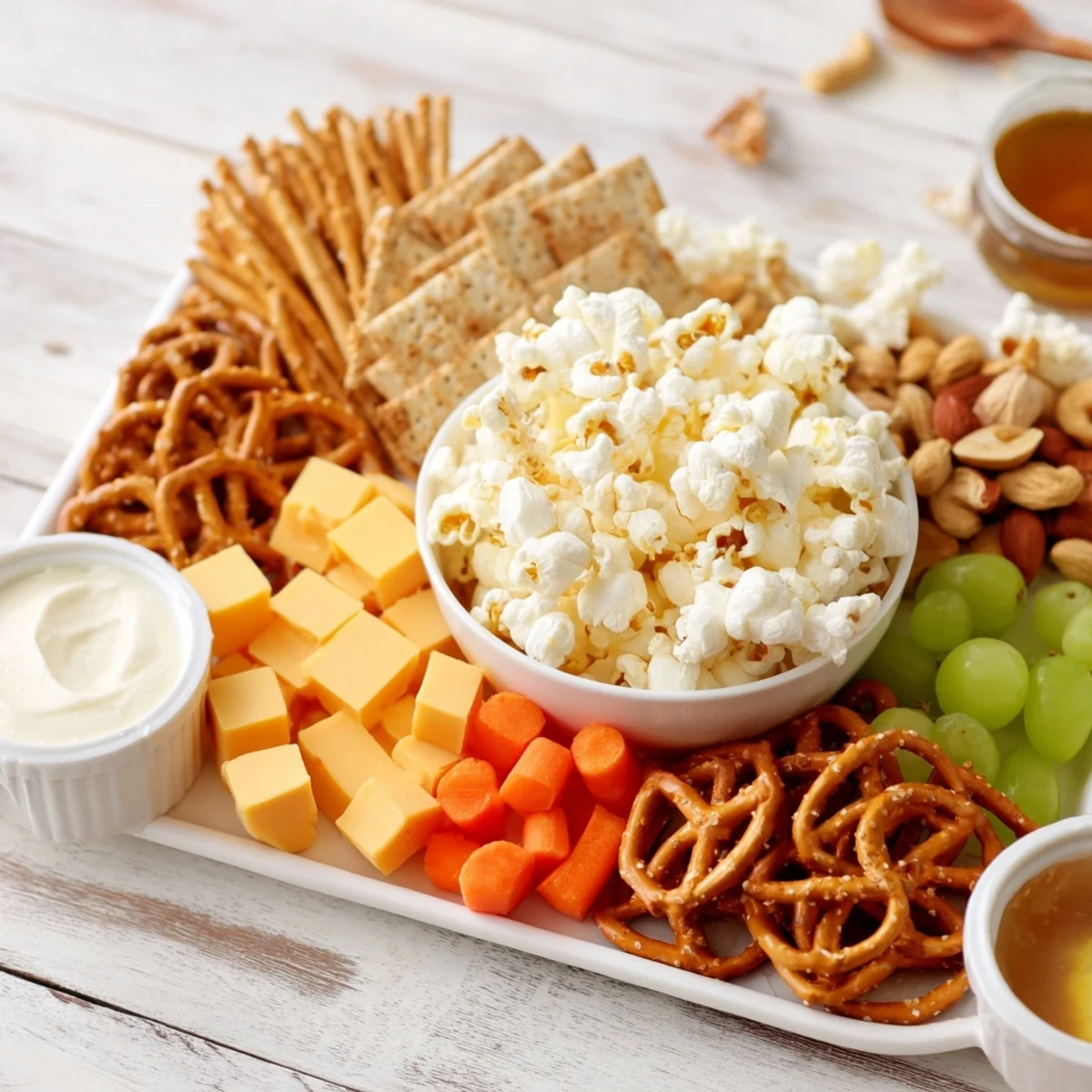 A Movie Night Munchie Board overflowing with popcorn, mini pretzels, grapes, and various sweet treats.