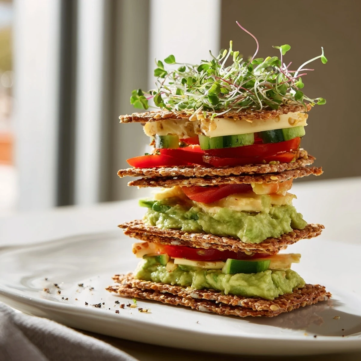 Gluten-Free Gourmet Tower with colorful layers of fresh veggies and creamy spreads, ready to serve.