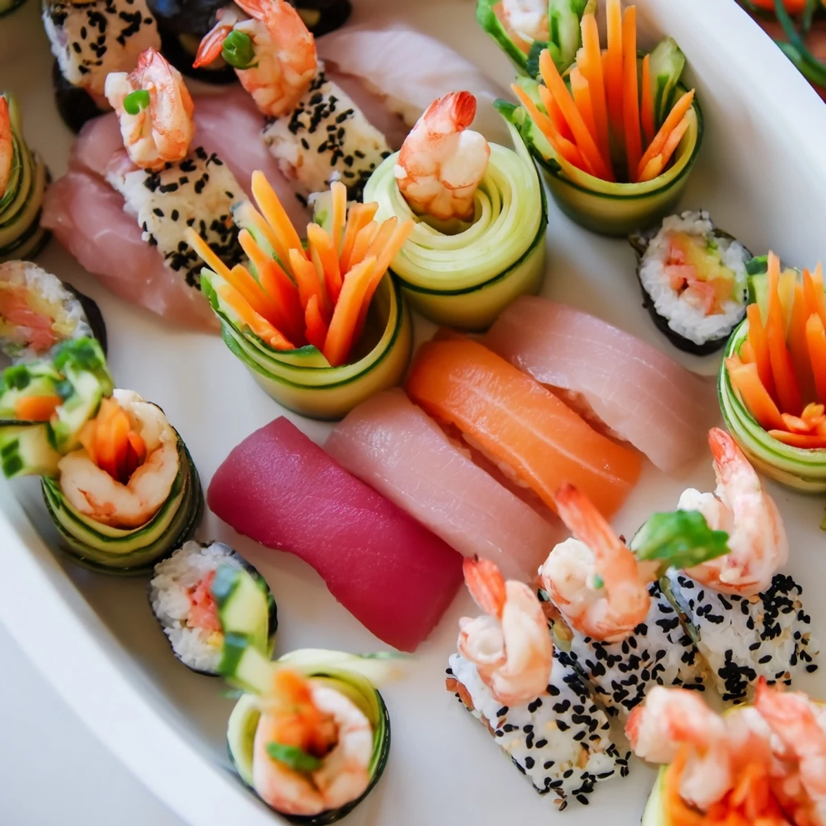 Delectable sail away boat-shaped sushi platter: a party-ready, artistic Japanese appetizer.