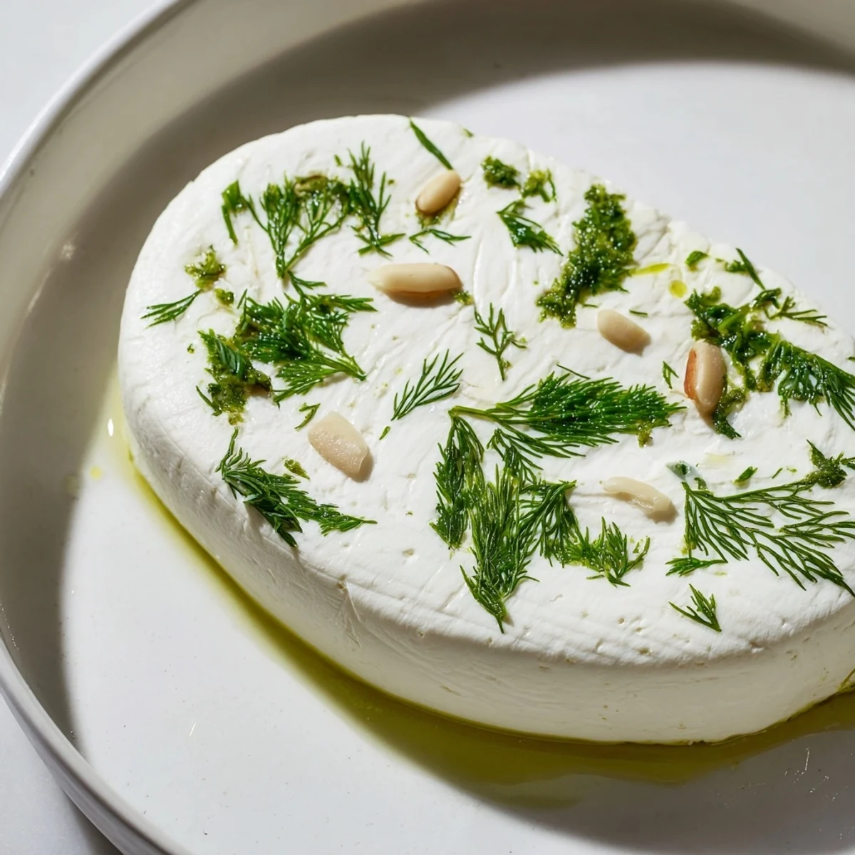 A creamy Fossil Record appetizer with herb impressions and scattered, rustic nuts.