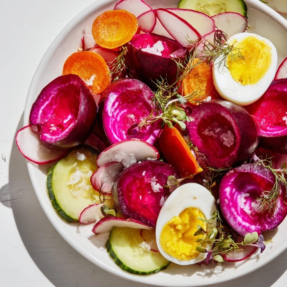 Vibrant The Neon Night appetizer platter featuring colorful pickled veggies, beet eggs, and fresh fruits.