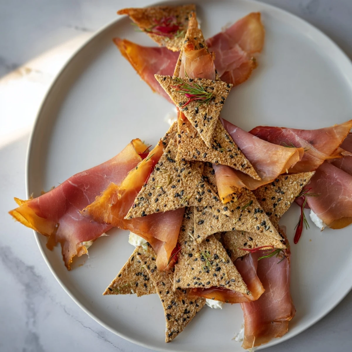 Close-up of The Paper Crane, a beautifully arranged dish with meats, crackers, and sesame seeds.