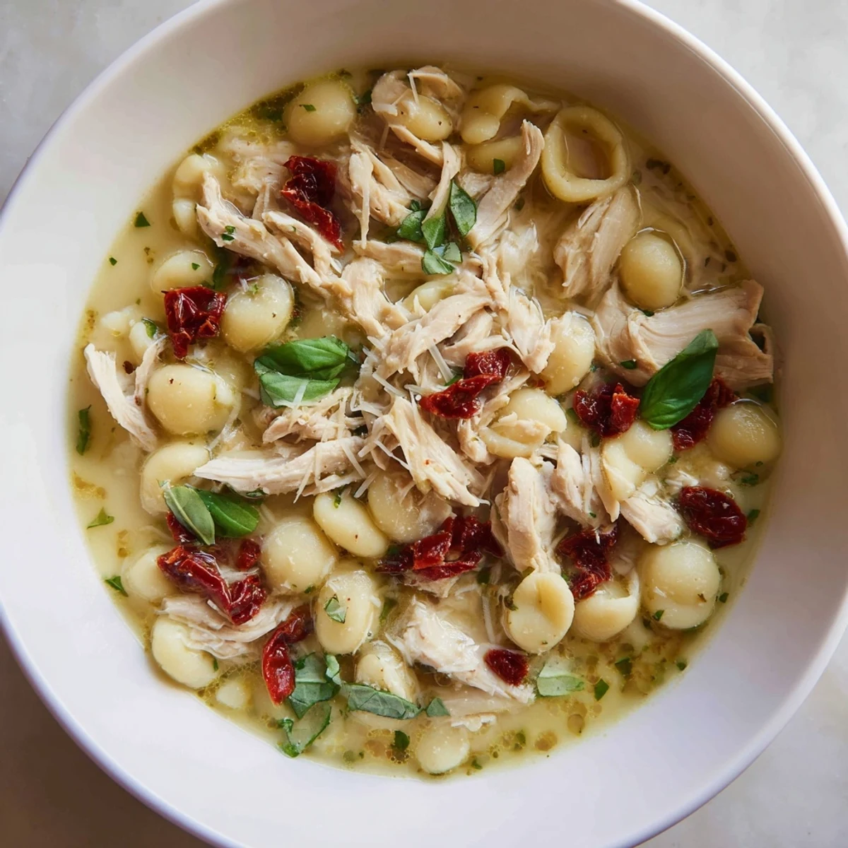 Marry Me Chicken Soup: A creamy bowl of chicken soup with sun-dried tomatoes and ditalini pasta.