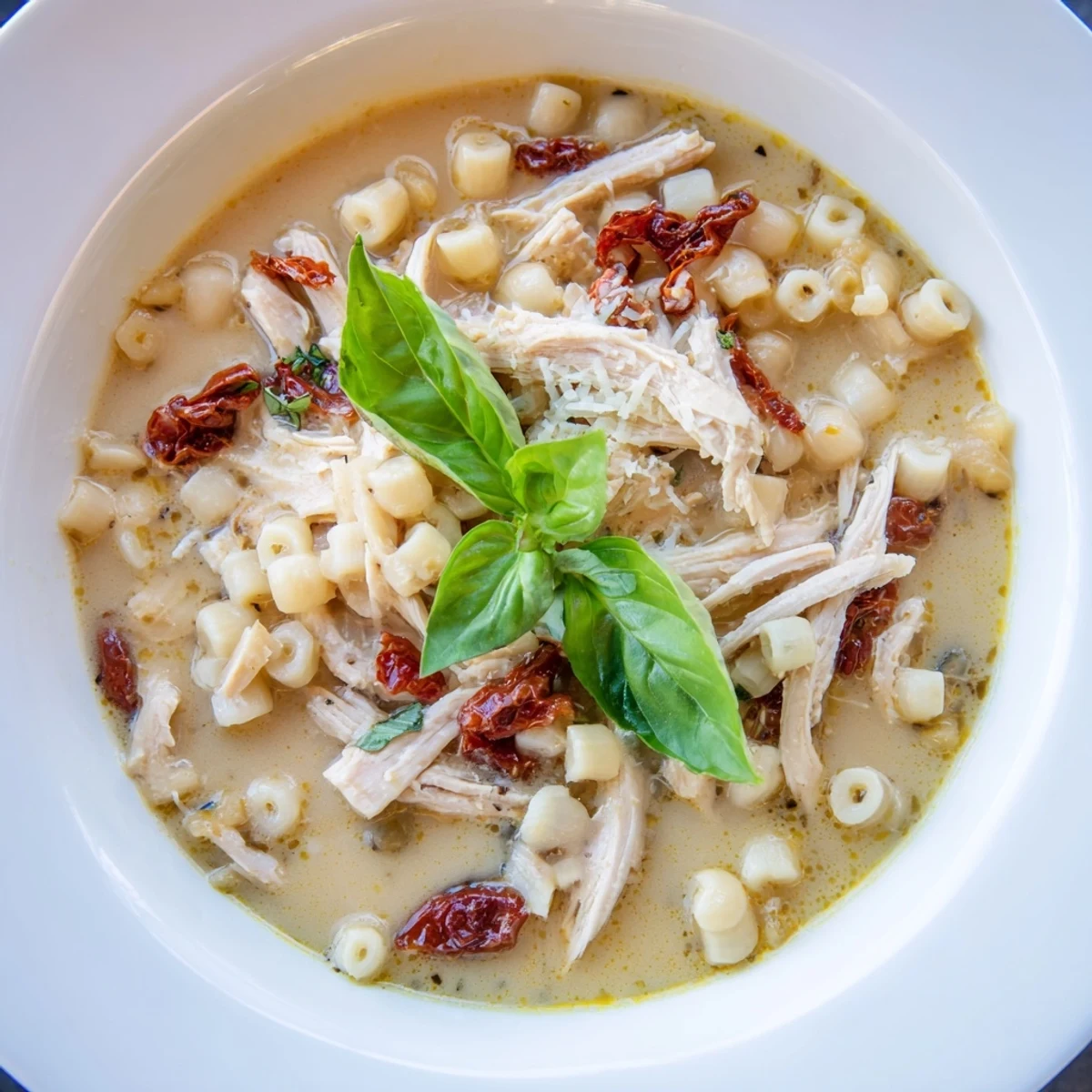 Close-up of hearty Marry Me Chicken Soup, featuring Italian flavors and a rich, creamy broth.
