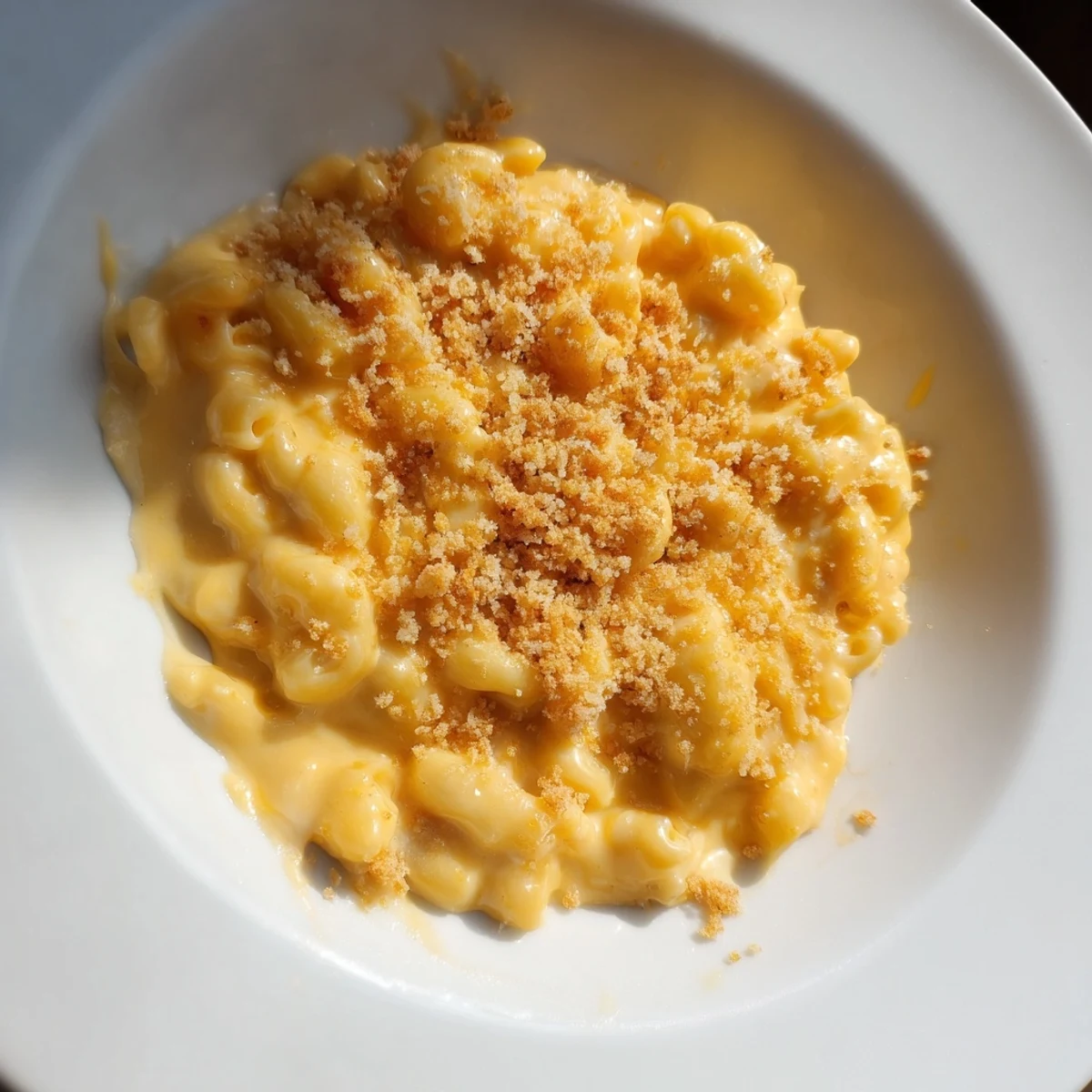 A steaming bowl of Tinis Recession Mac and Cheese, showcasing a creamy, cheesy delight.